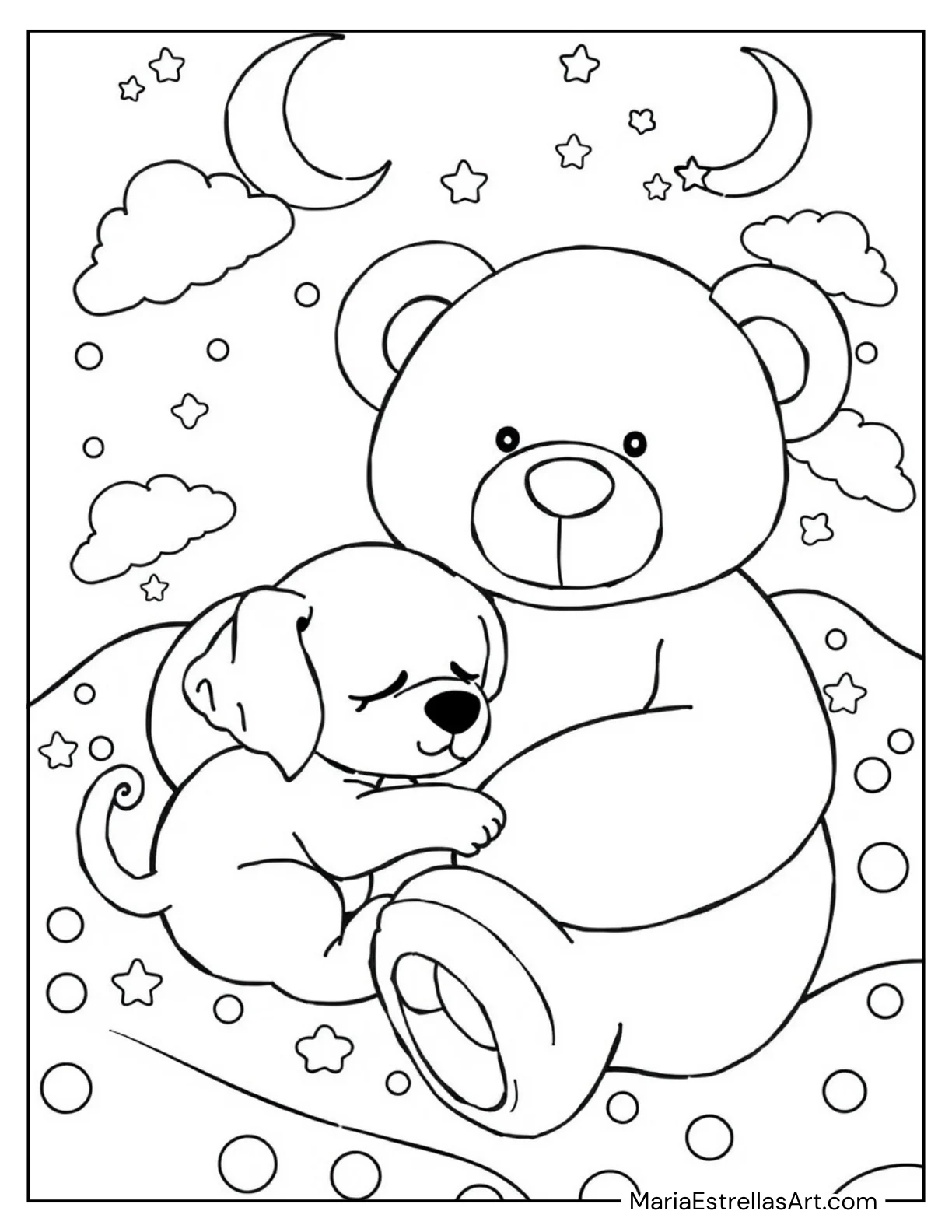 Sleepy Puppy with a Teddy Bear Coloring Page