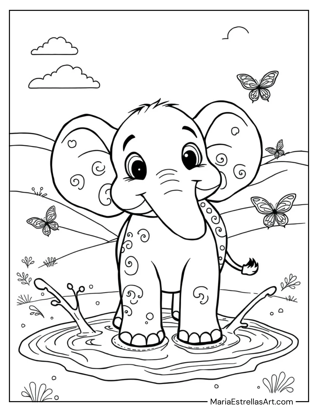 Smiling Elephant Playing in the Mud Cute Animals Coloring Page