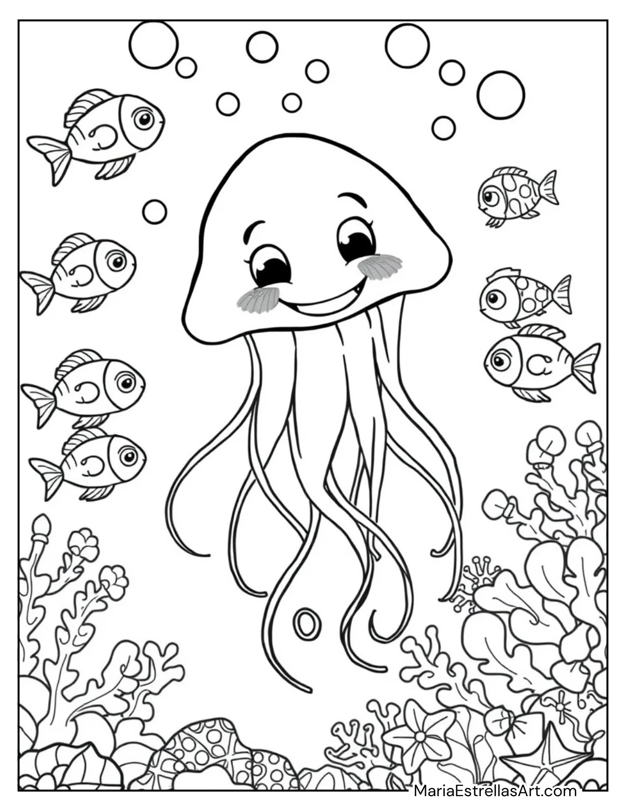 Smiling Jellyfish in the Ocean Coloring Page