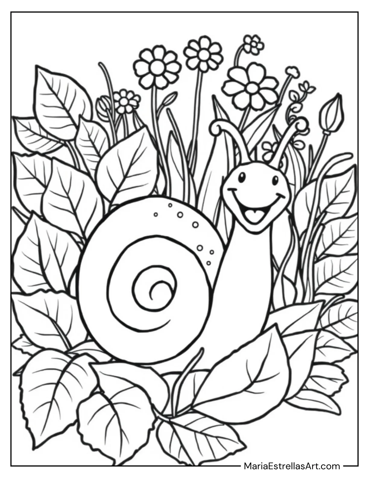 Smiling Snail with Spring Leaves Coloring Sheet