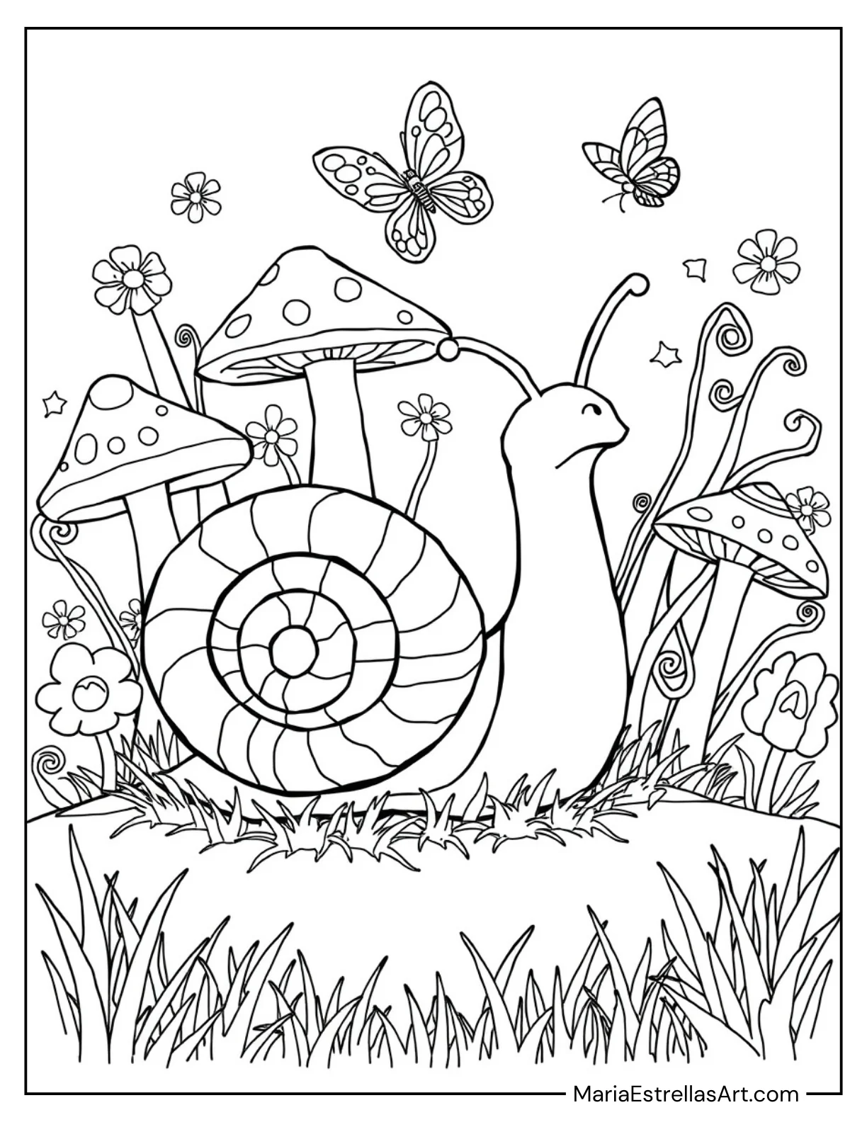 Snail and Mushroom Garden Scene Coloring Page