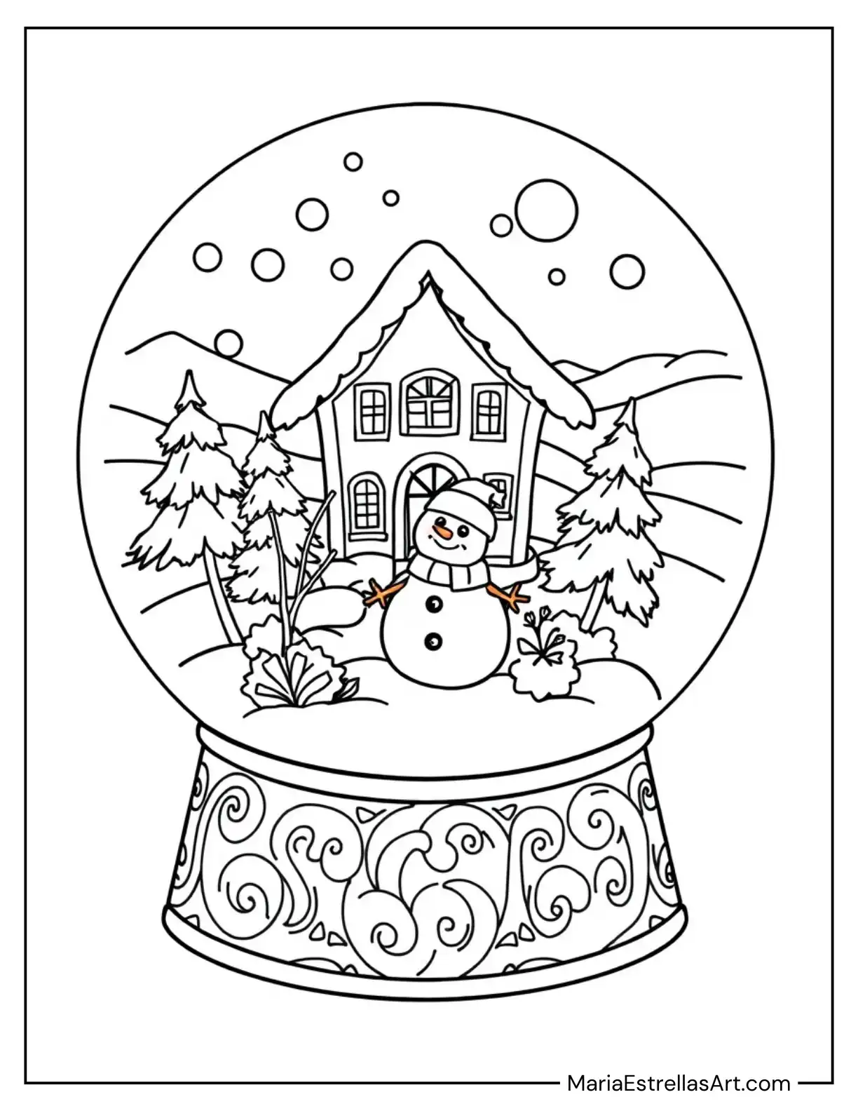 Snow Globe with Winter Village Scene Coloring Page