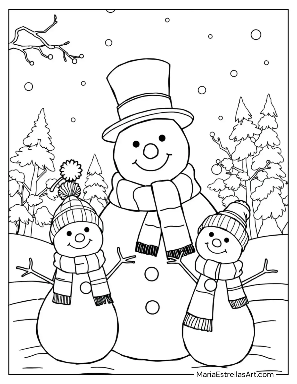 Snowman Family with Hats and Scarves Coloring Page