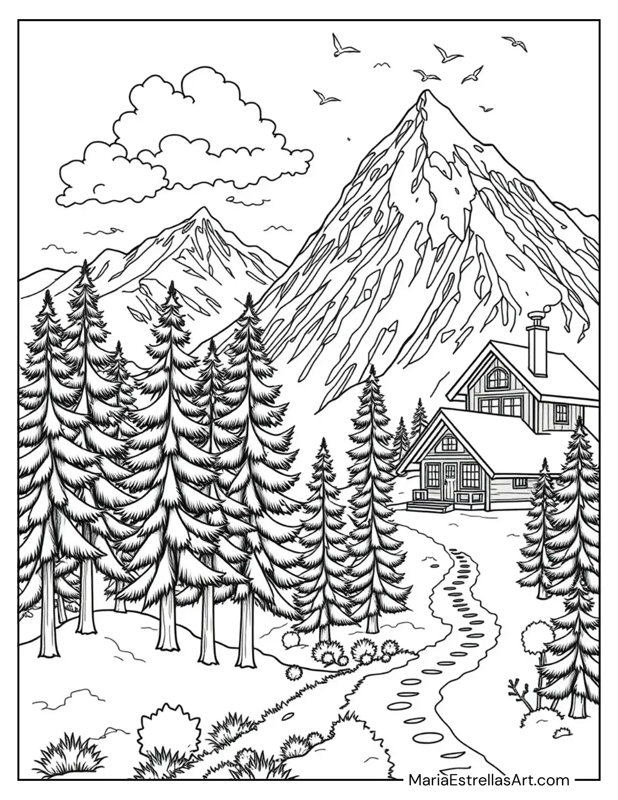 Snowy Mountain Landscape with Pine Trees Coloring Sheet