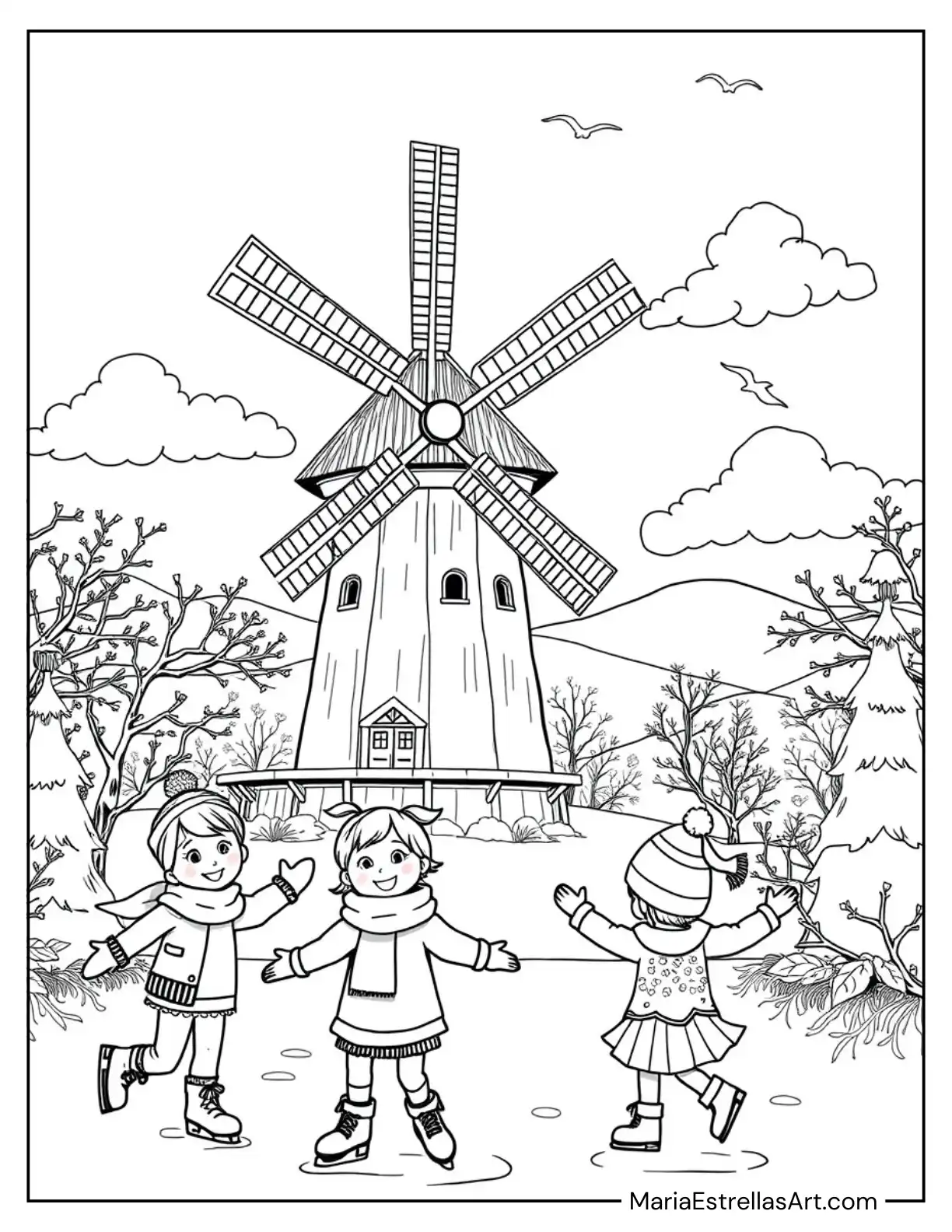 Snowy Windmill Scene with Skaters for Kids to Color