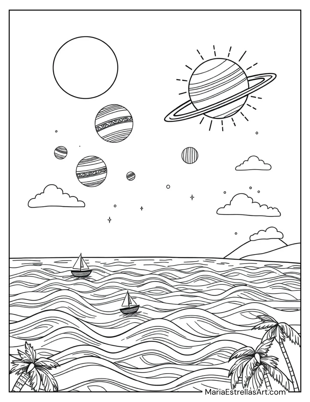 Solar System Floating Over an Ocean Coloring Sheet