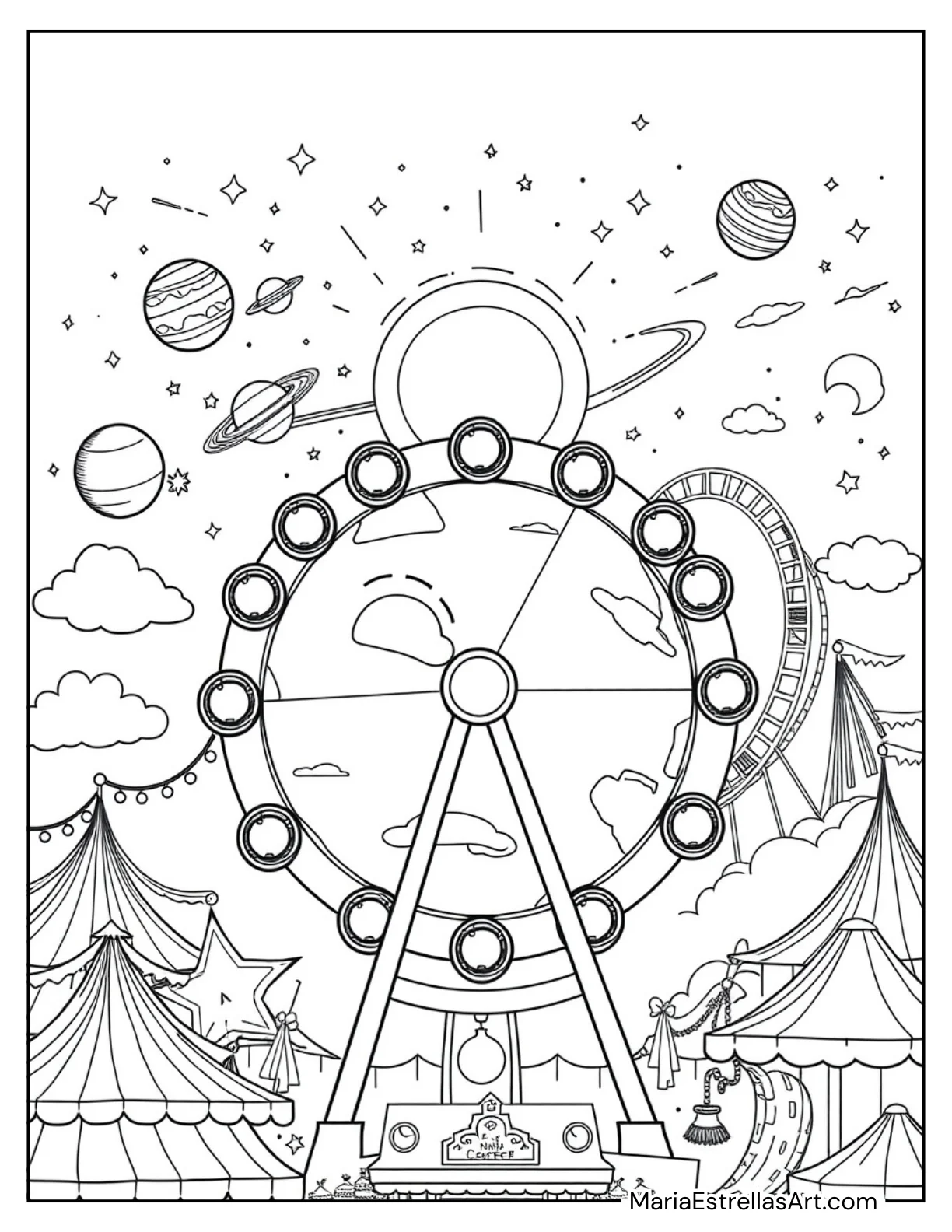 Solar System Set Inside a Cosmic Fairground Coloring Sheet