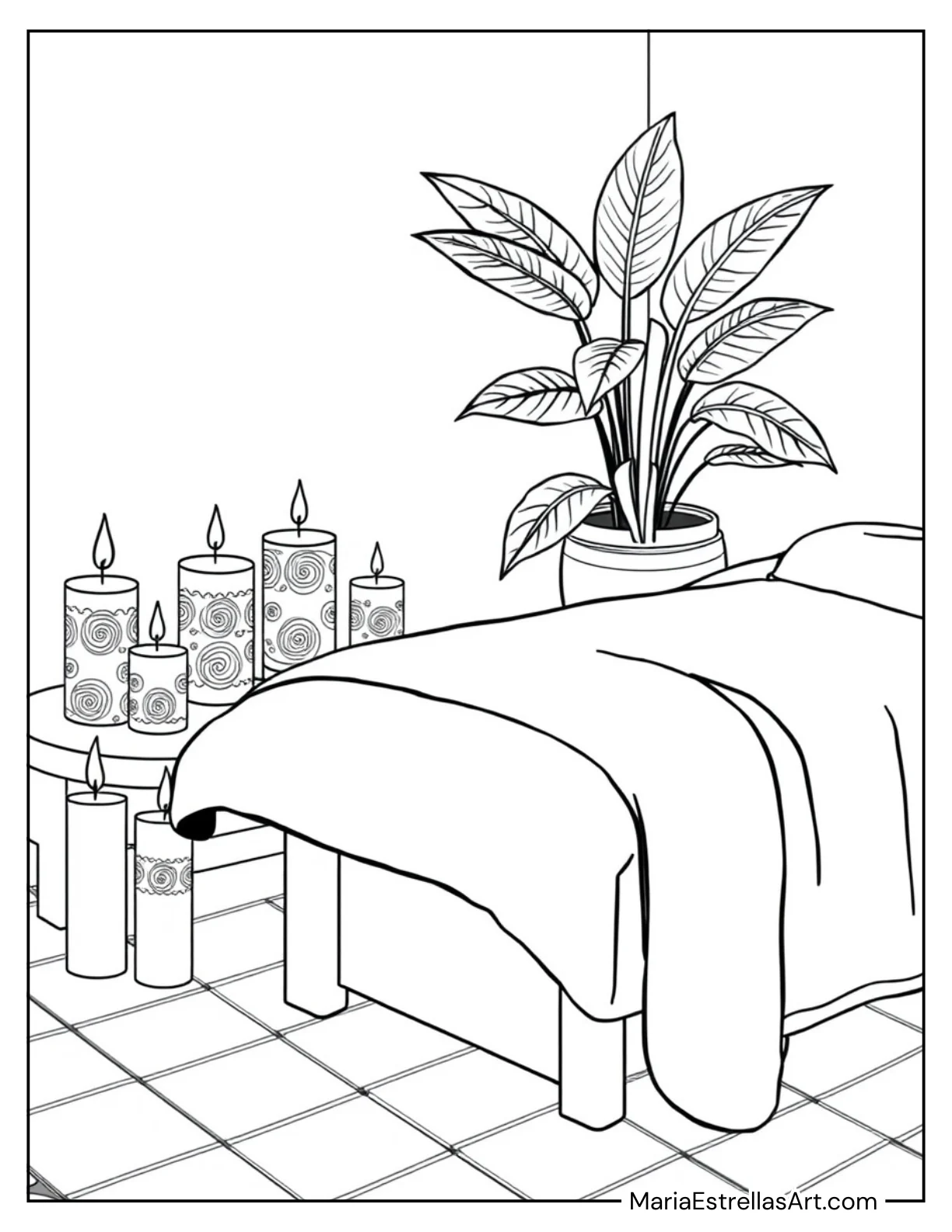 Spa Corner With Candles, and Towels Coloring Sheet