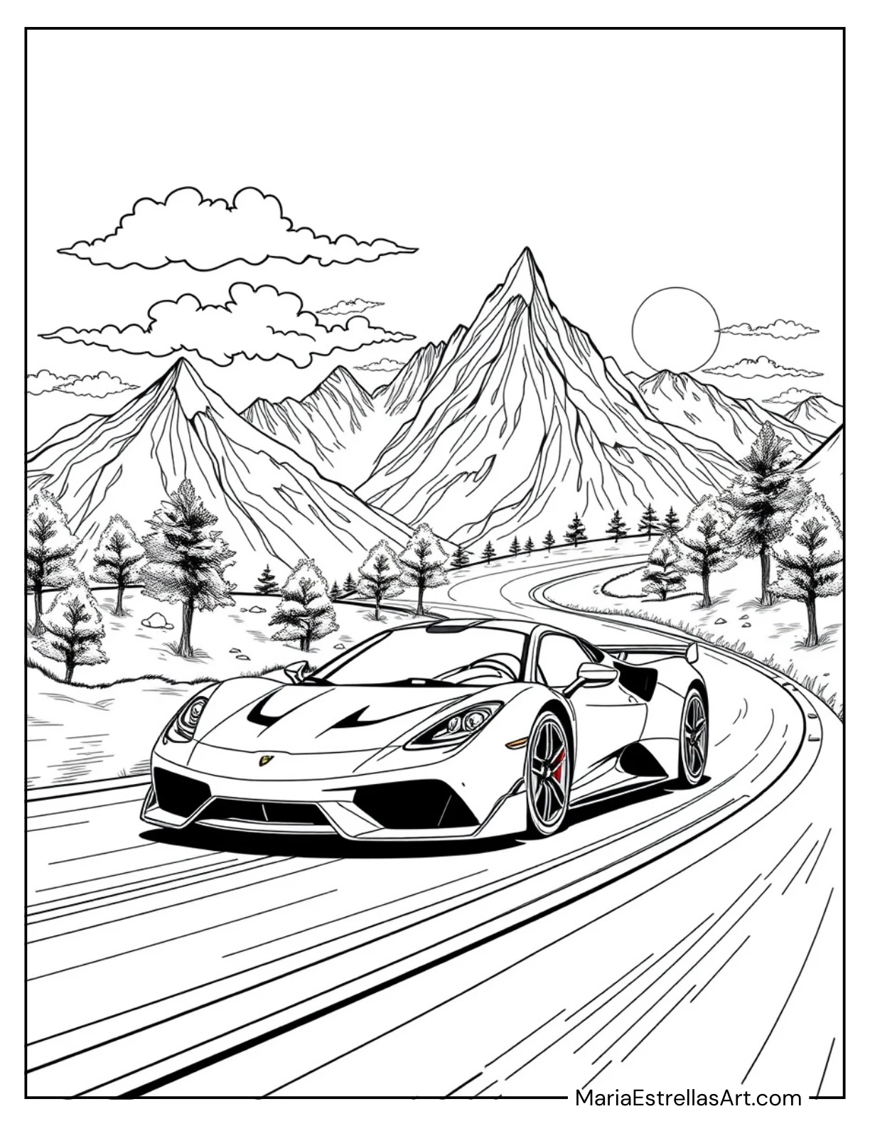 Sports Car Racing on a Curvy Mountain Road Coloring Page