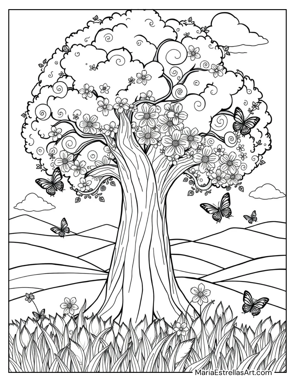 Spring Tree with Blossoming Flowers for Kids to Color