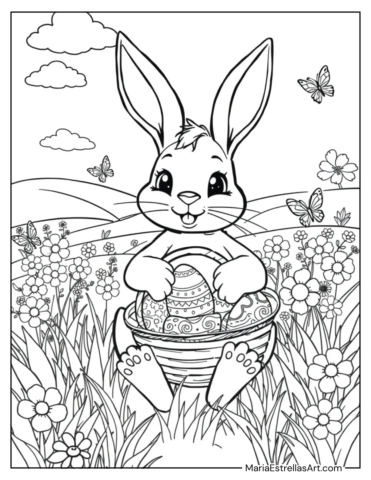 Springtime Bunny with a Basket for Kids to Color