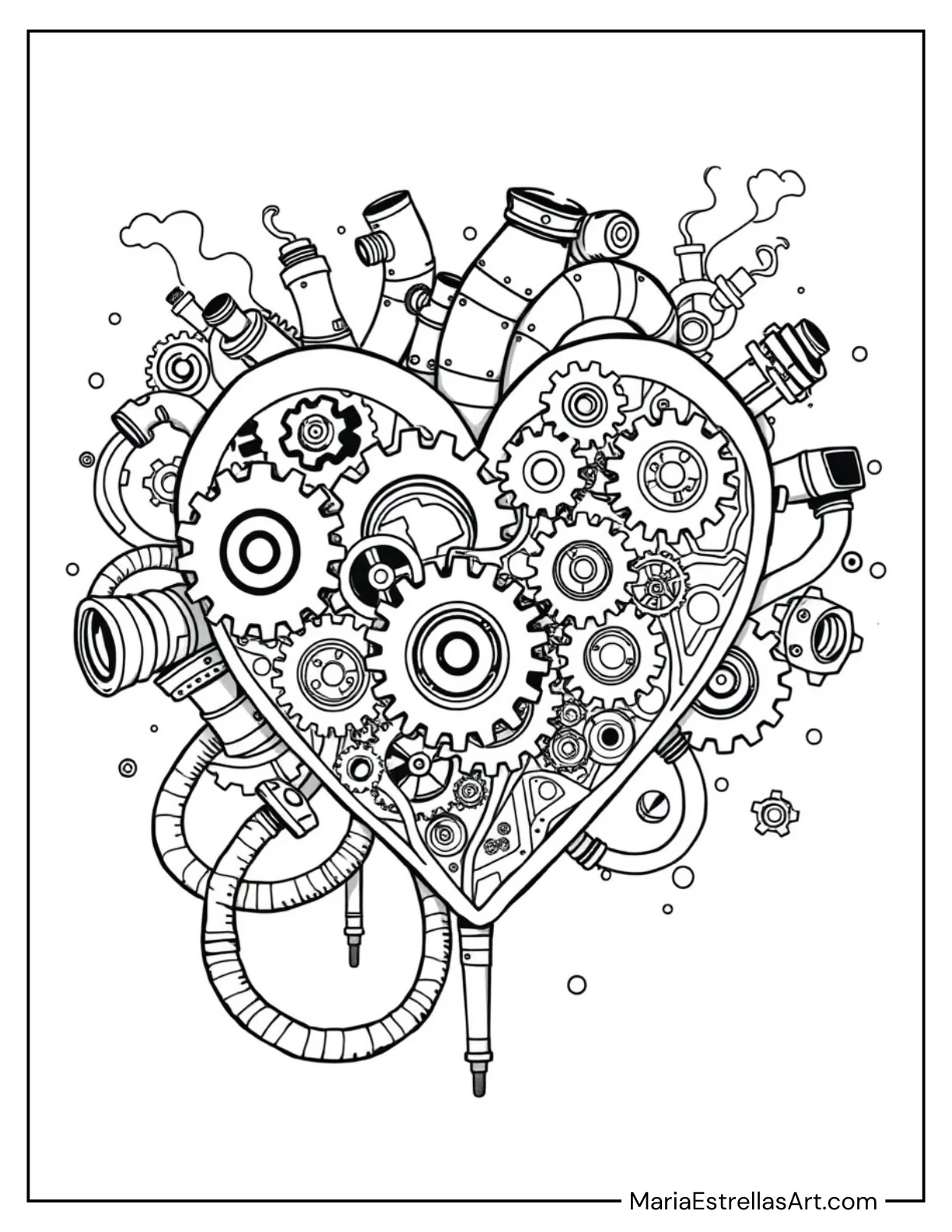 Steampunk Heart With Gears and Pipes Coloring Page