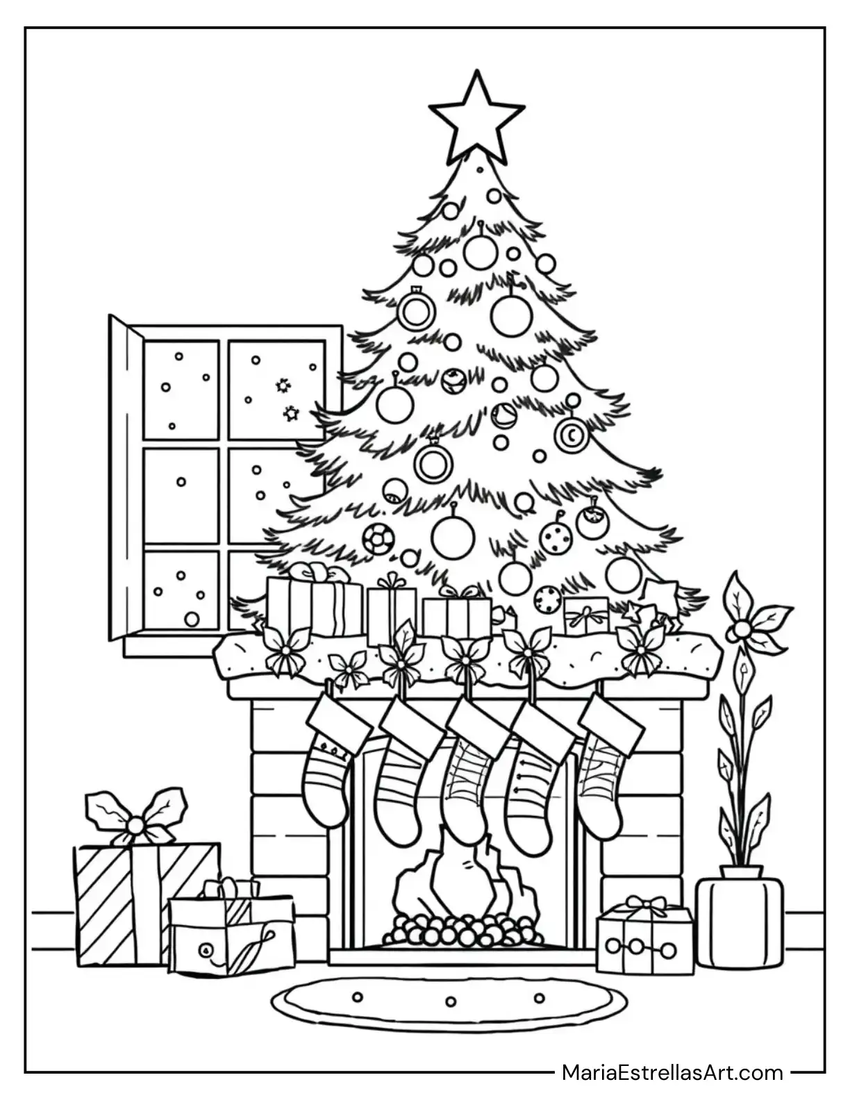 Stockings on the Mantle with Festive Christmas Tree Coloring Page