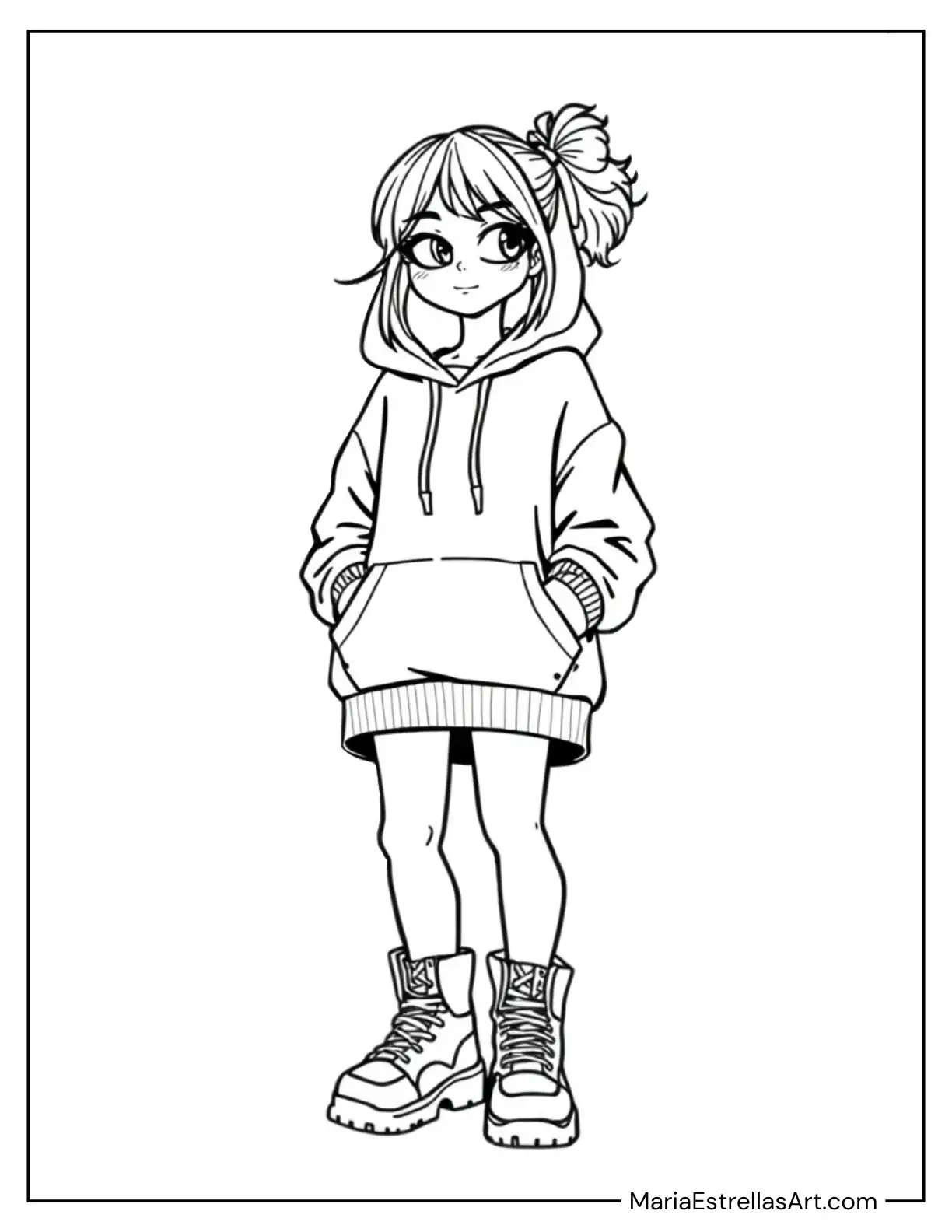 Streetwear Fashion Girl With Oversized Hoodie and Sneakers Coloring Page