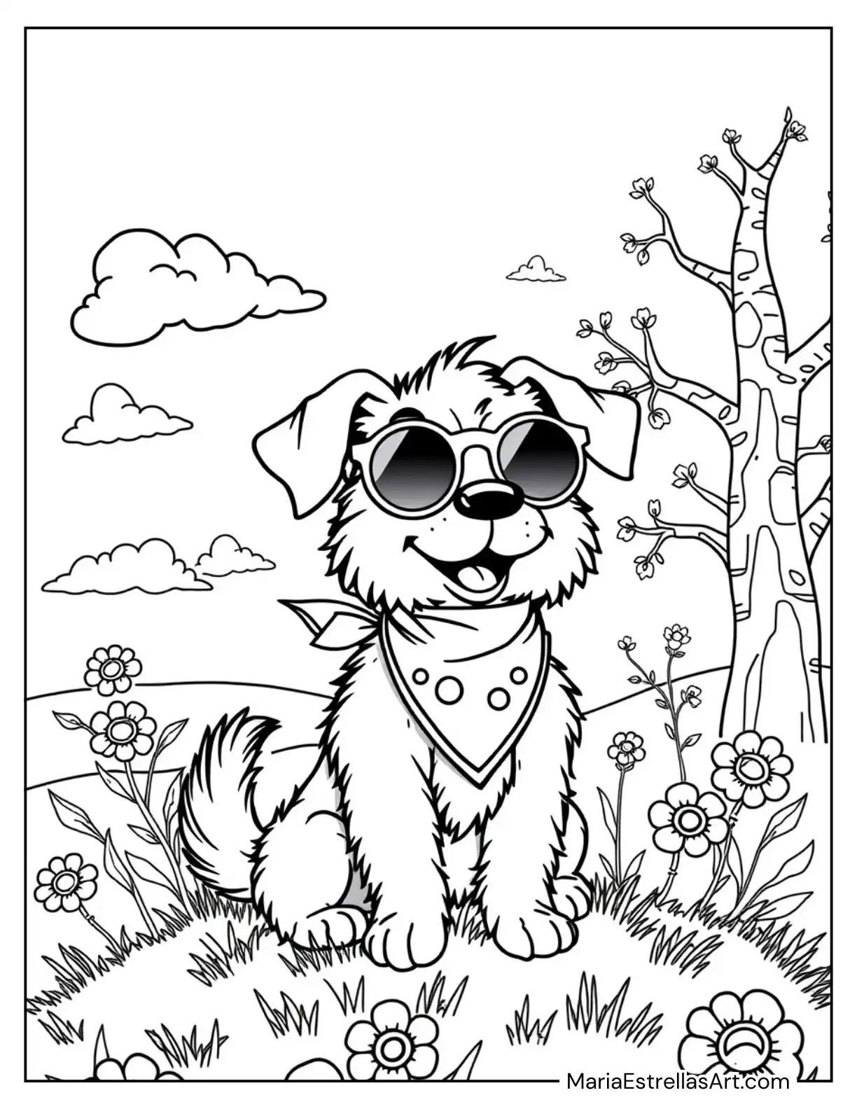 Stylish Dog in a Bandana and Round Sunglasses to Color for Kids