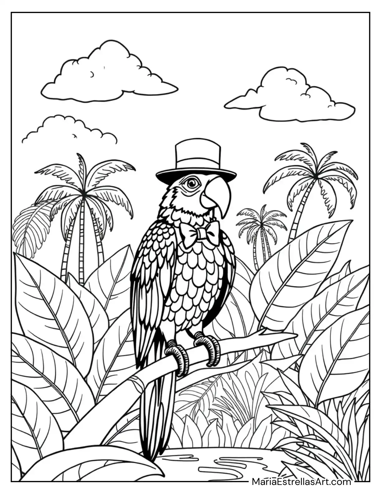 Stylish Parrot With a Top Hat and Bowtie in a Tropical Scene