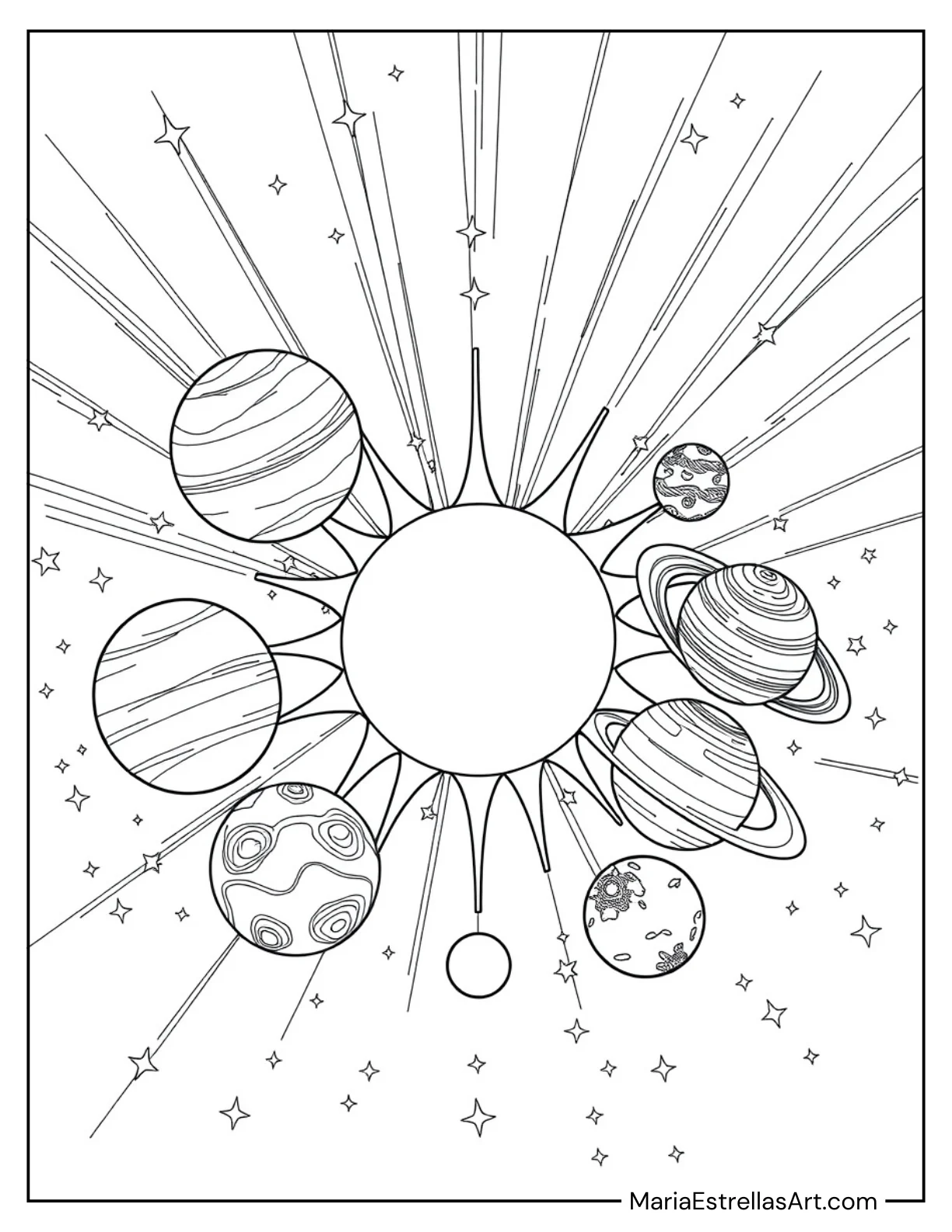 Sun With Rays Surrounded by Planets Coloring Page