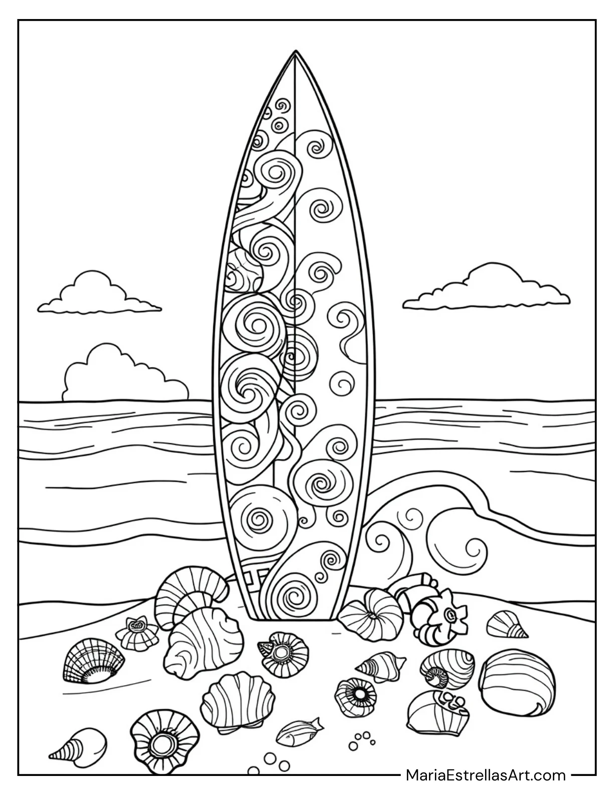 Surfboard with Ocean Waves and Seashells for Kids to Color