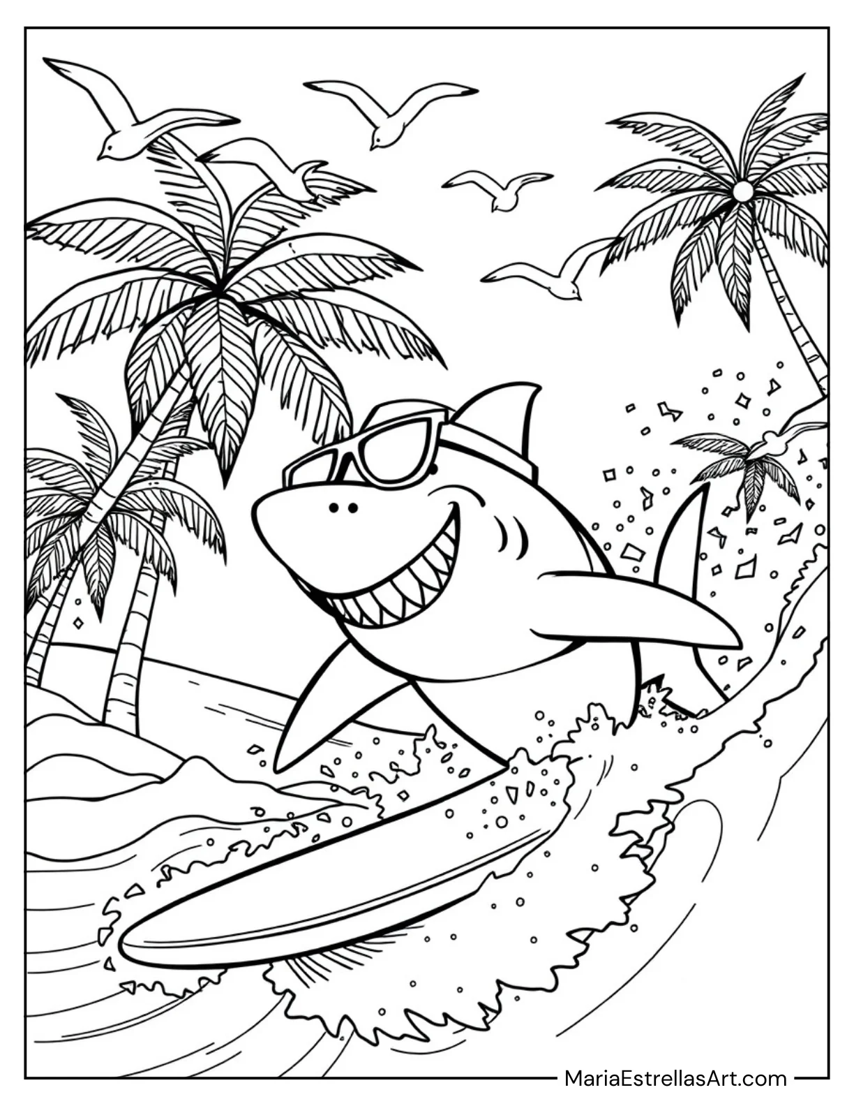 Surfing Shark with a Cool Hat Summer Coloring Sheet