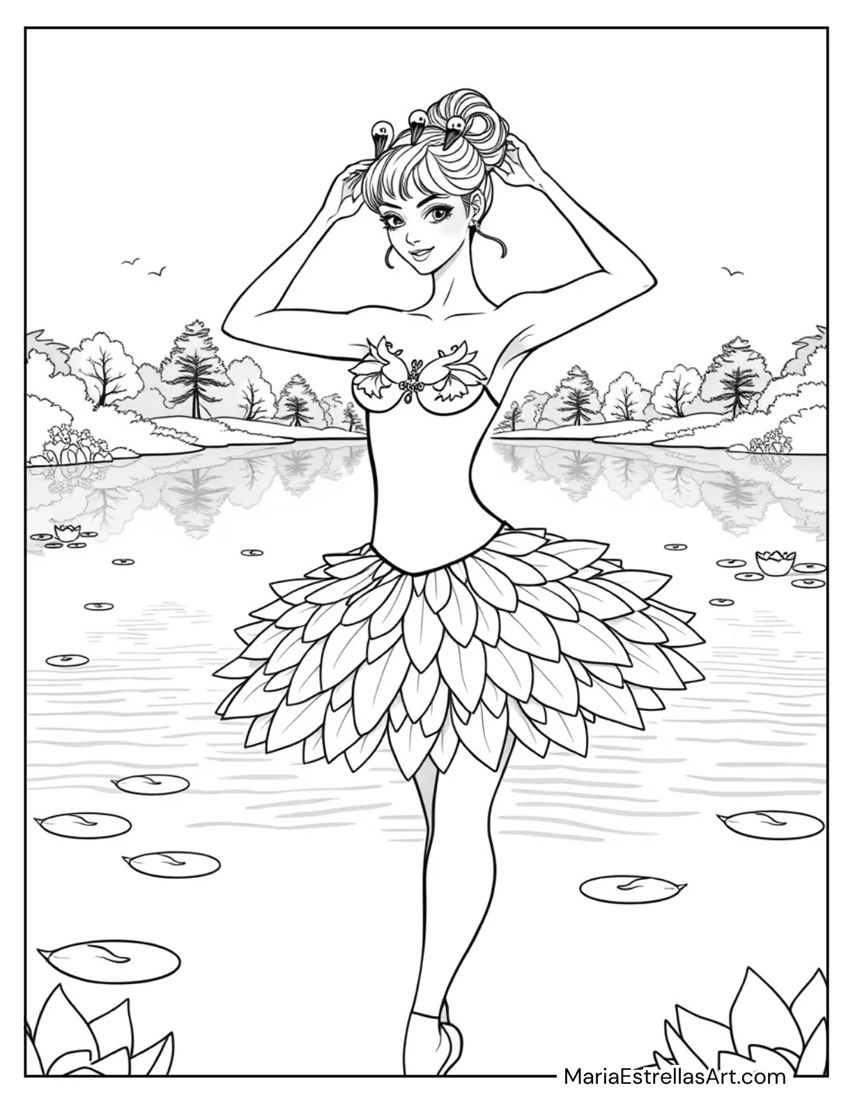 Swan-Themed Ballerina in a Feathered Tutu Coloring Sheet