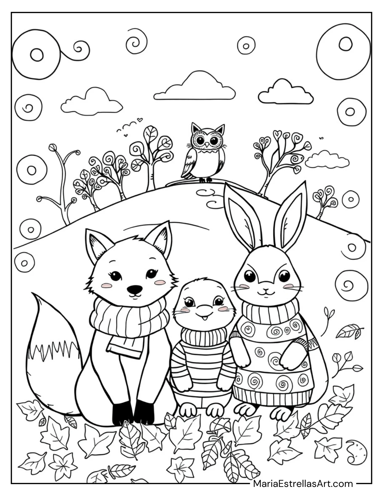 Sweater Weather Animal Friends Fall Coloring Page