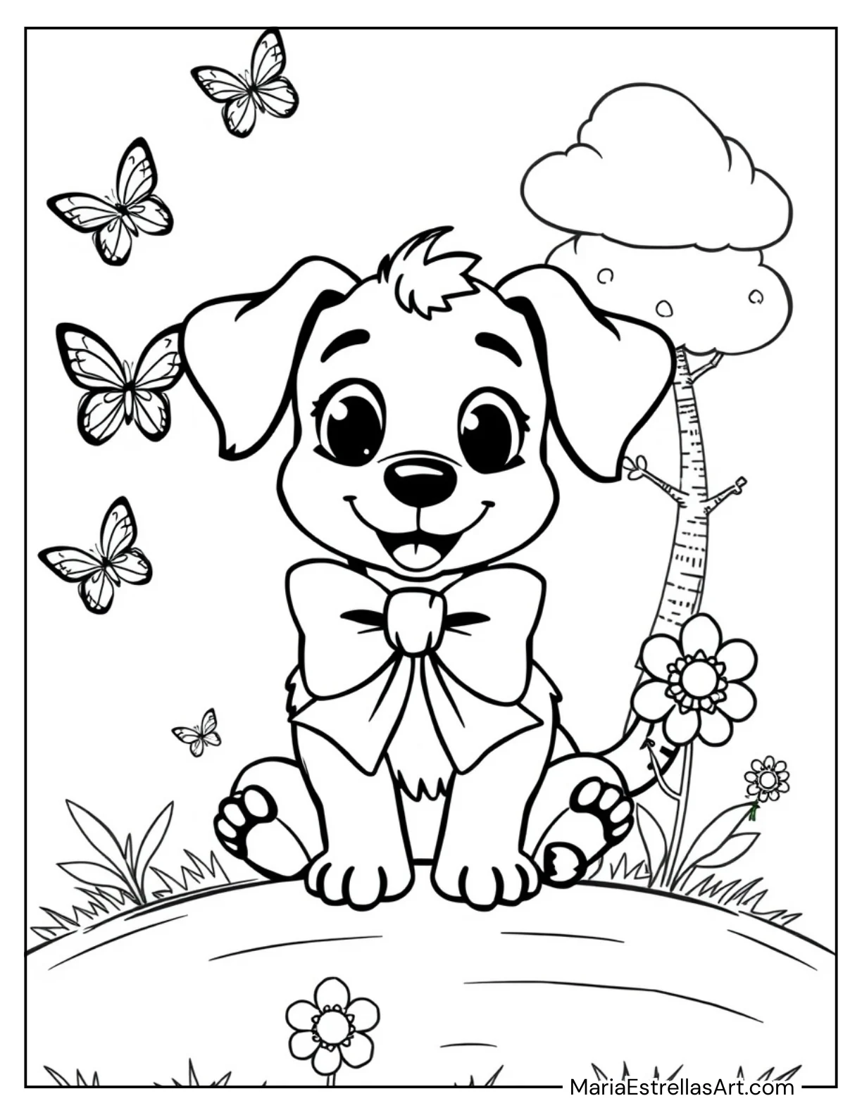 Sweet Dog with a Bow Coloring Sheet