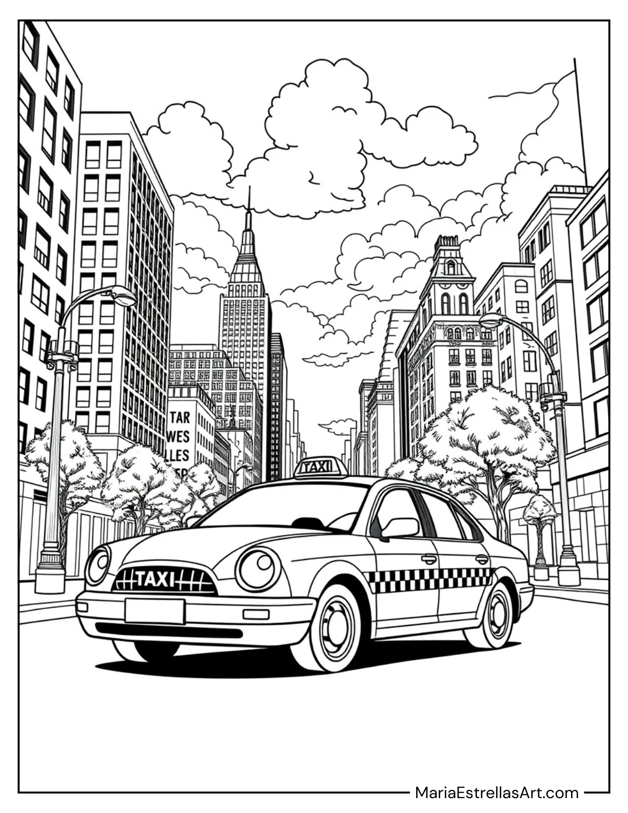 Taxi Cab Driving Through a Bustling City Scene Coloring Sheet