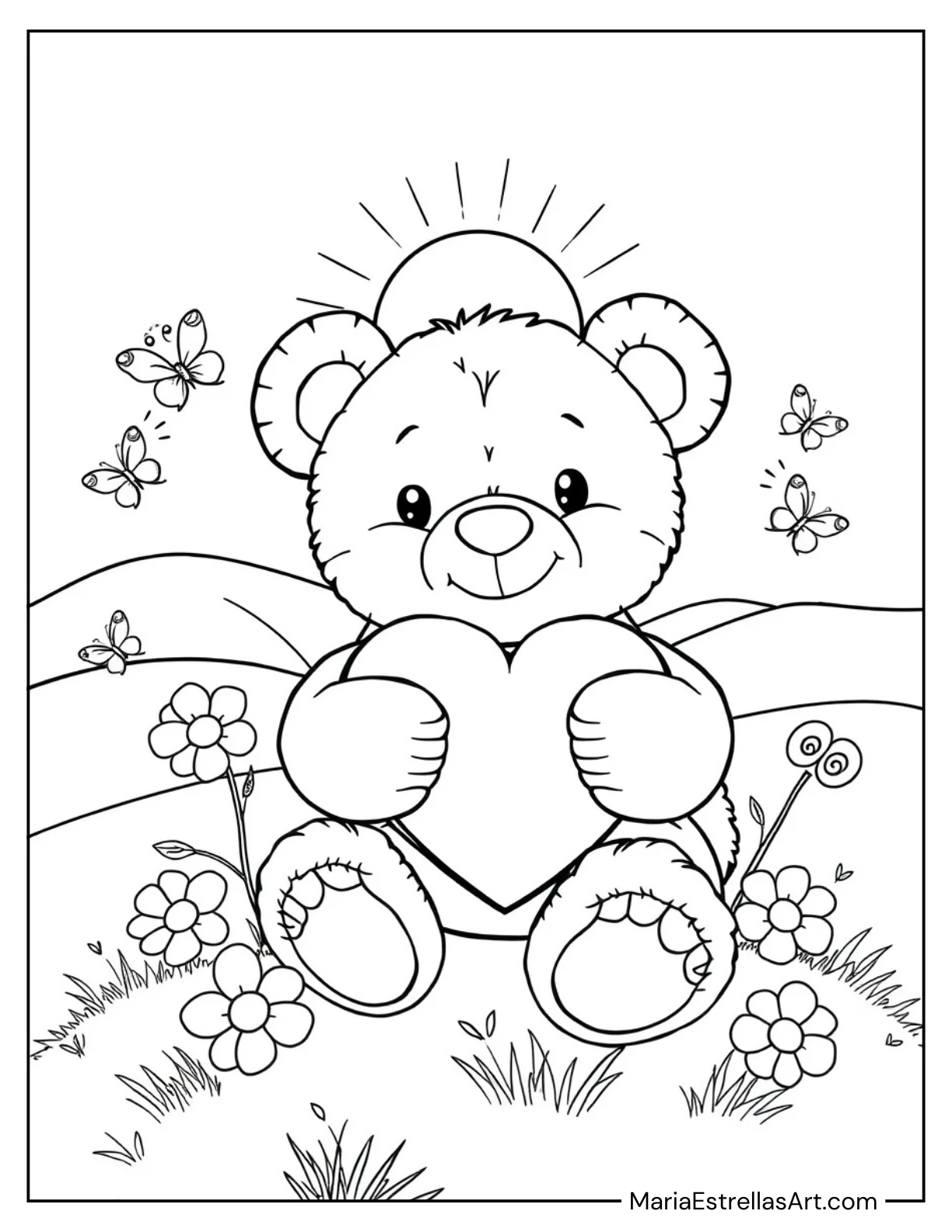 Teddy Bear Holding a Heart Coloring Sheet