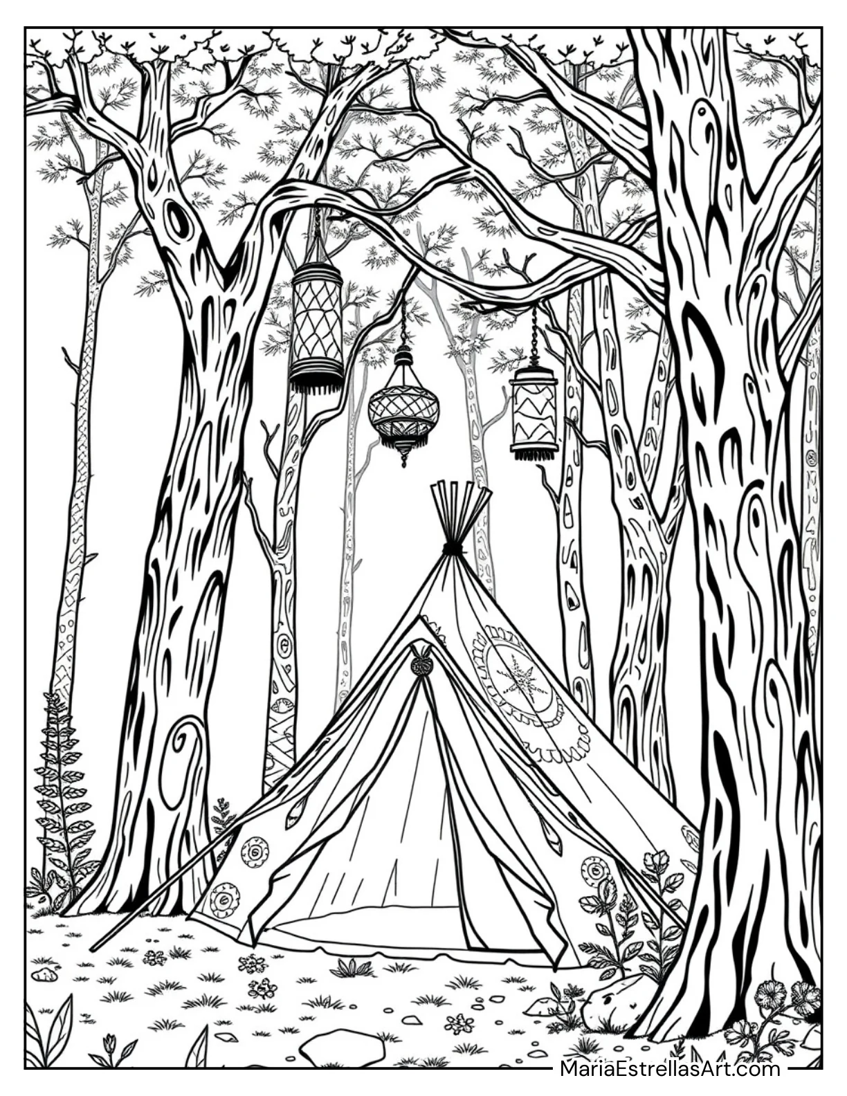 Tent Setup in a Forest With Lanterns Coloring Sheet