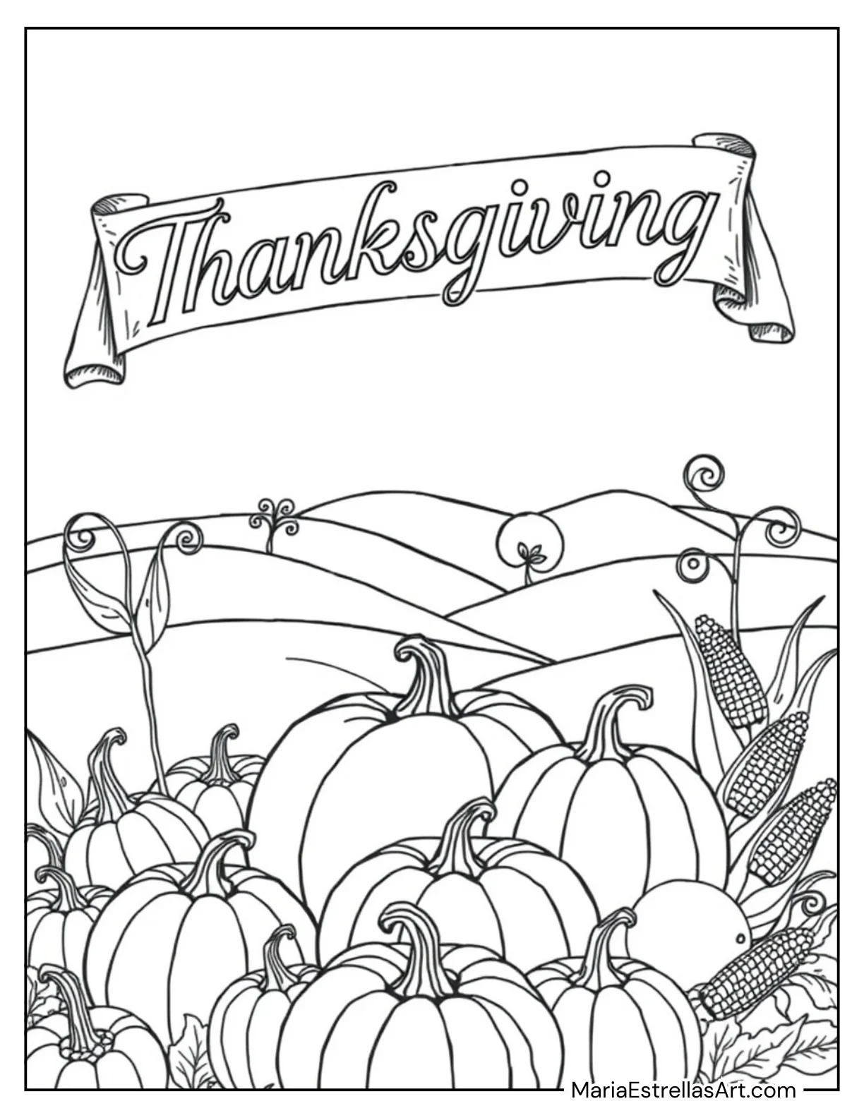 Thanksgiving Banner With Pumpkins and Corn to Color for Kids