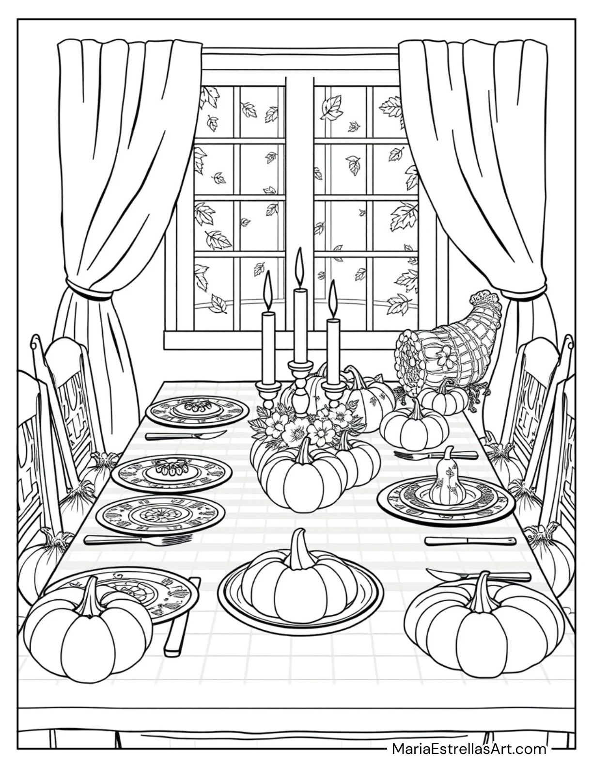 Thanksgiving Table Set With Candles and Autumn Decor Coloring Page