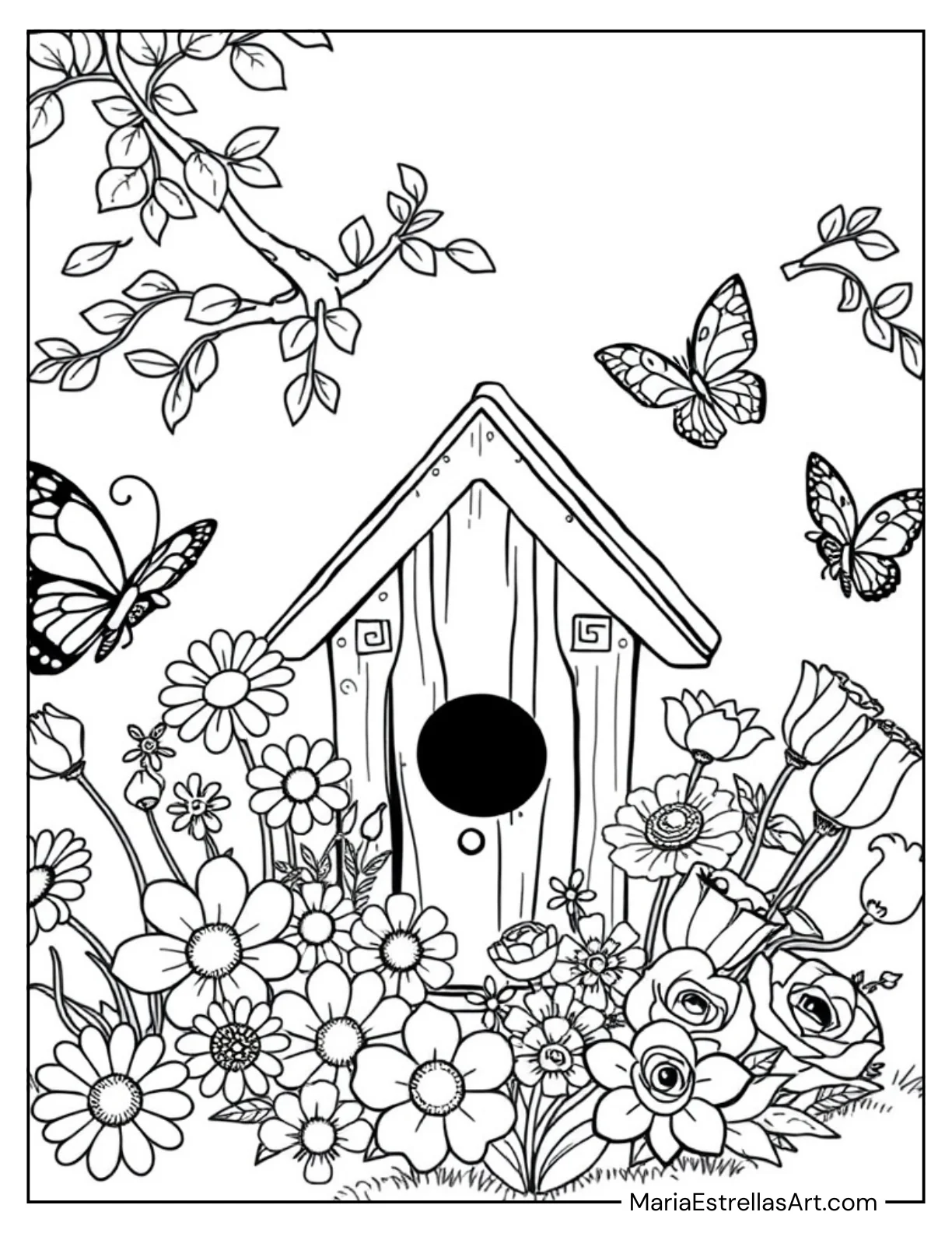 Tiny Birdhouse Decorated With Flowers Cozy Spaces Coloring Pages