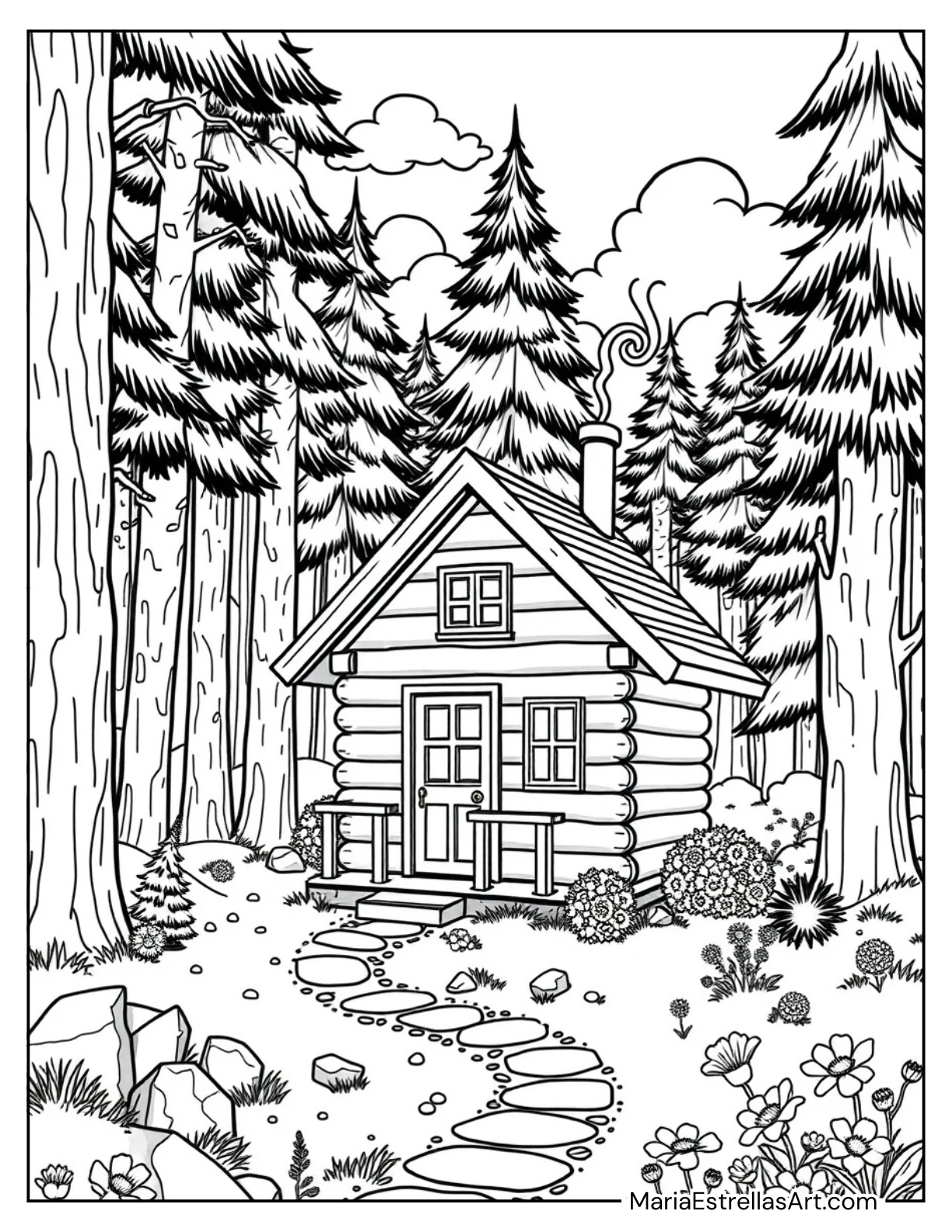 Tiny Cabin Nestled in the Woods Aesthetic Spaces Coloring Page