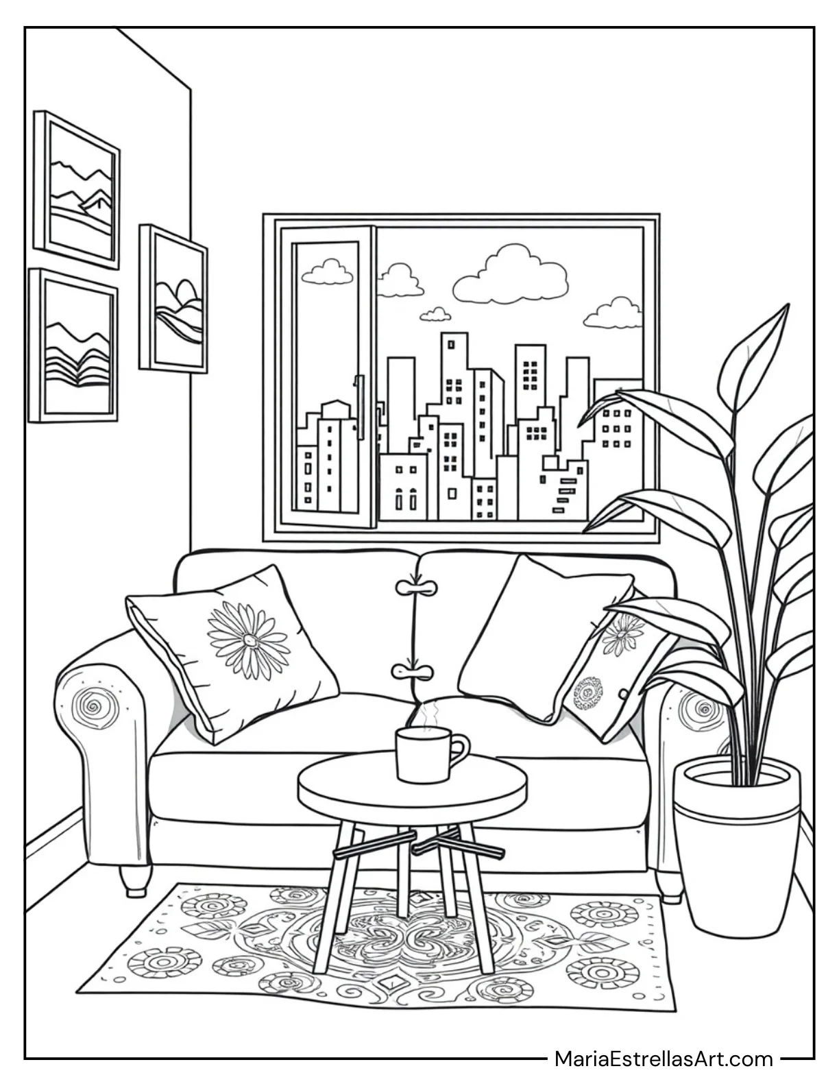 Tiny Corner in a Studio Apartment With a Couch Cozy Spaces Coloring Page