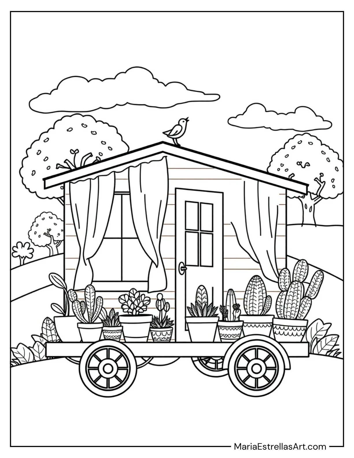 Tiny Home on Wheels With Curtains, and Plants Cozy Spaces Coloring Page