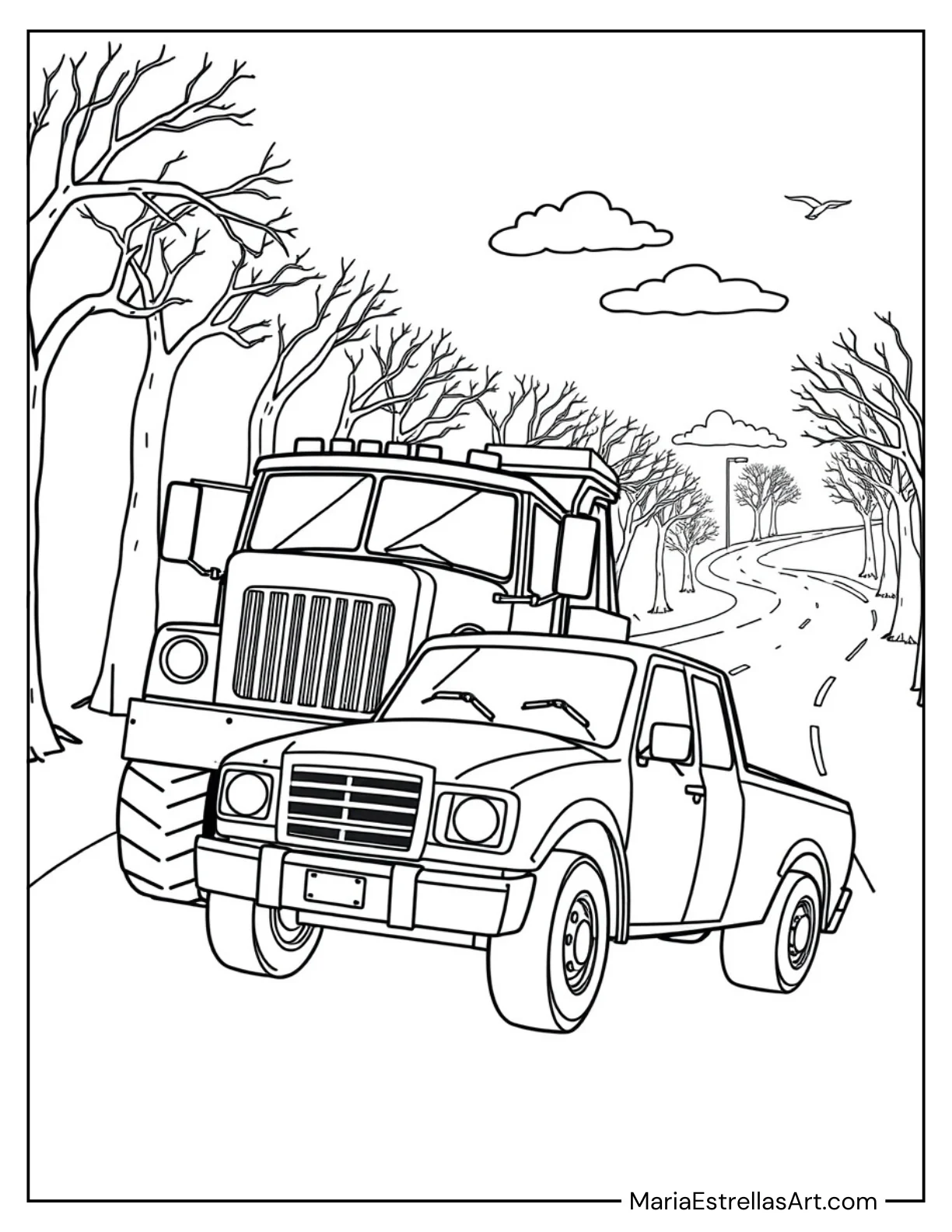 Tow Truck Hooking Up a Broken-Down Vehicle Coloring Sheet