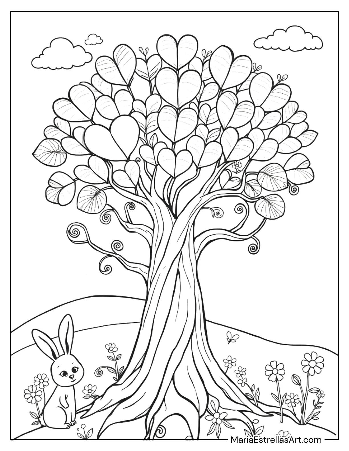 Tree With Heart-Shaped Leaves and Roots to Color for Kids