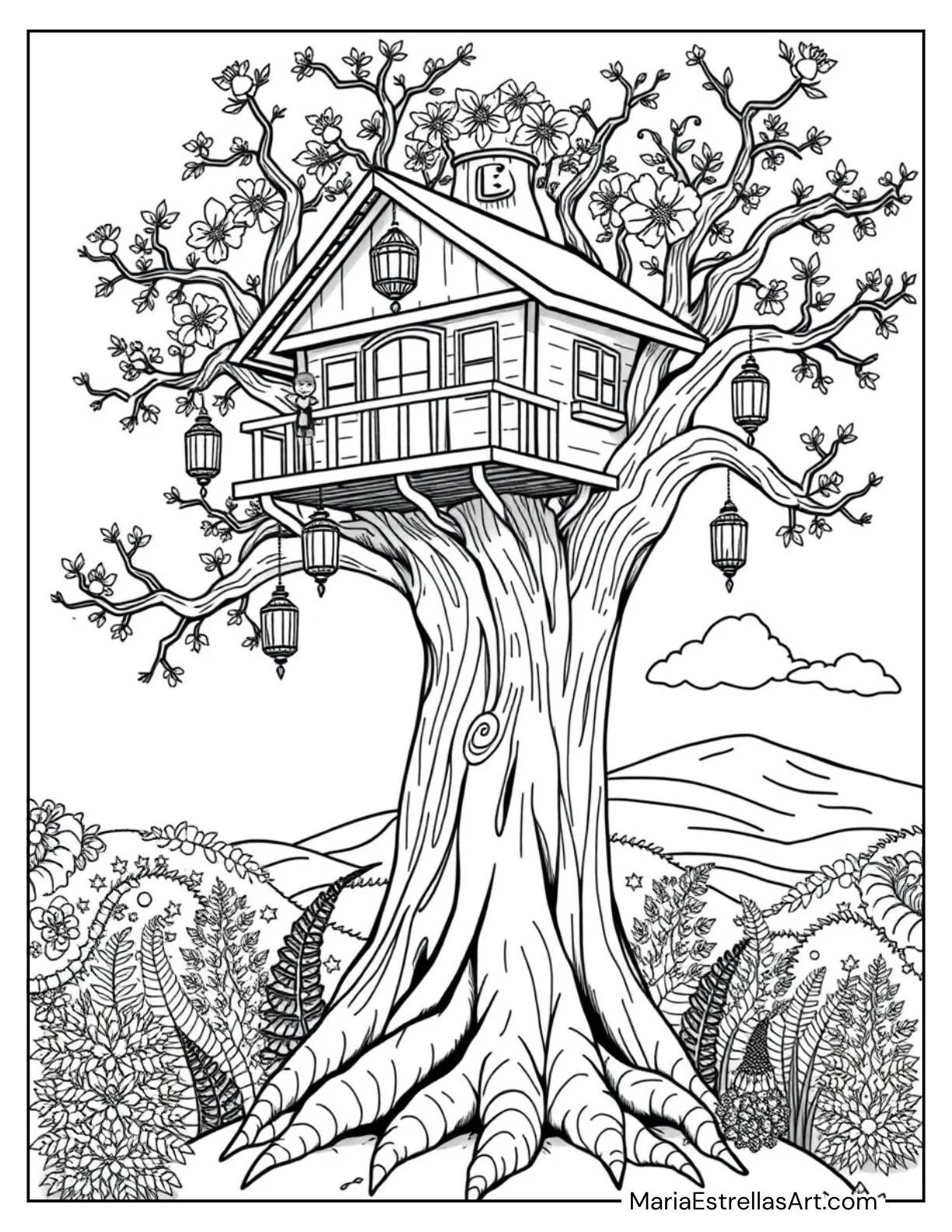 Treehouse With Lanterns Coloring Page