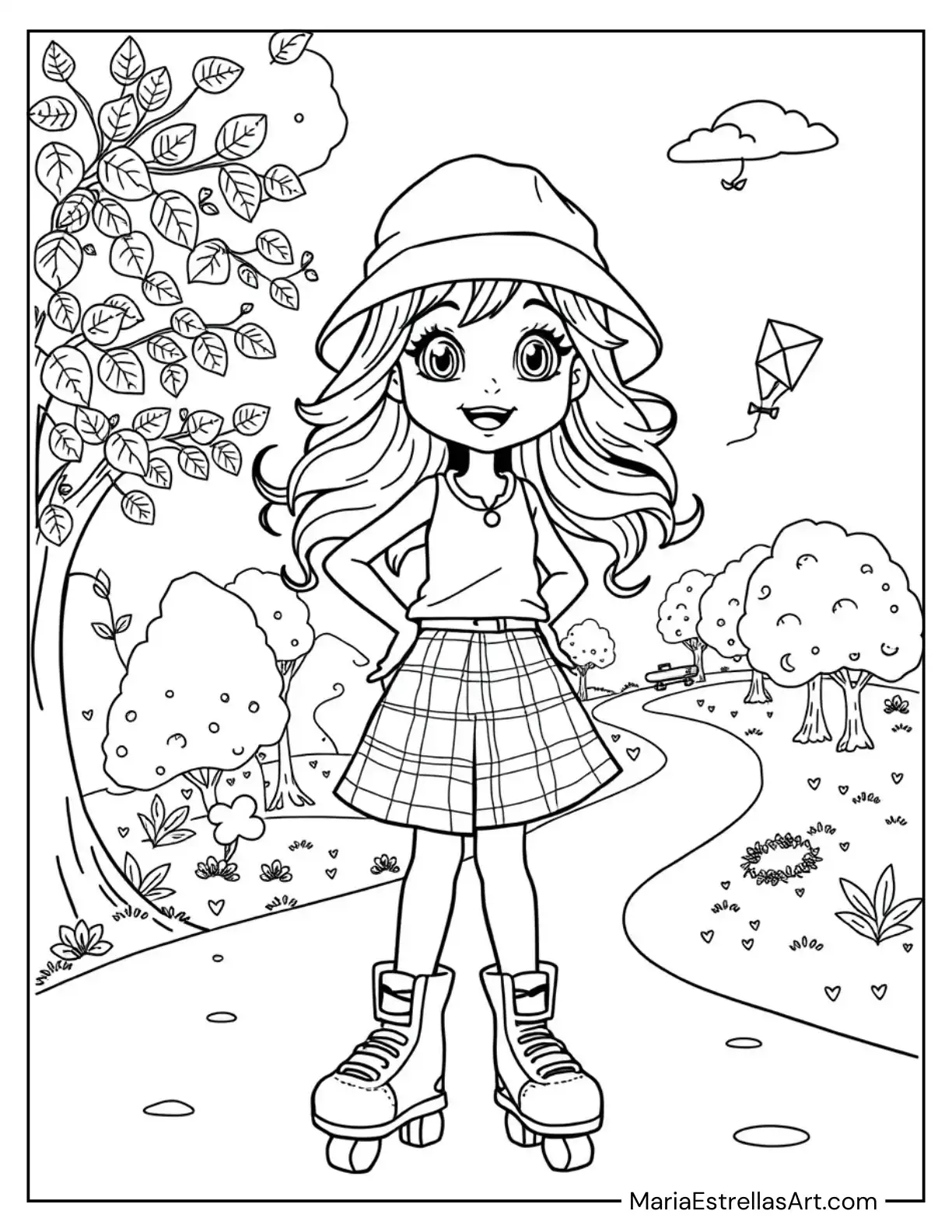 Trendy Girl in a Bucket Hat and Plaid Skirt With Roller Skates Coloring Sheet