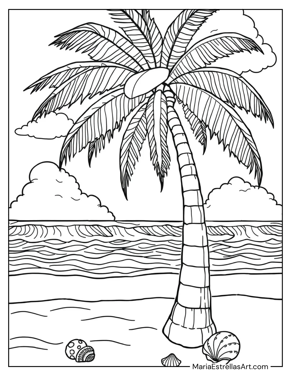 Tropical Palm Tree with Ocean Waves Coloring Sheet