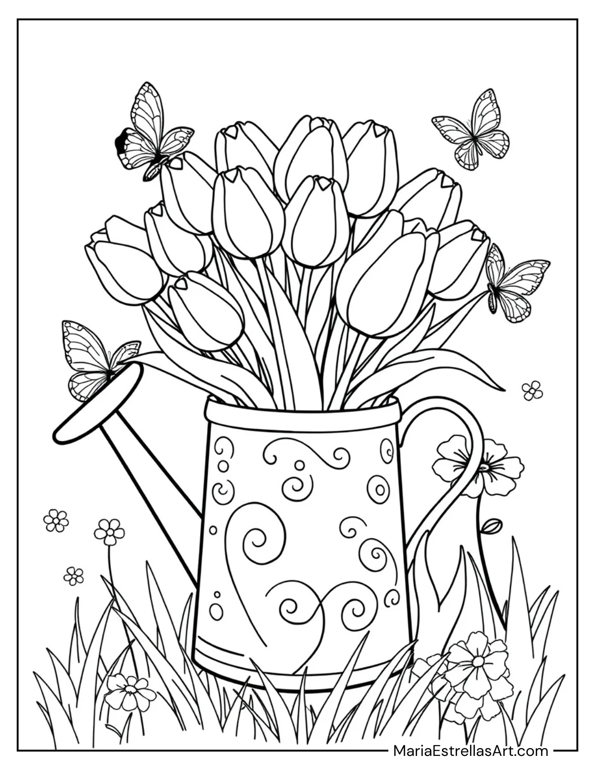 Tulip Bouquet in a Watering Can Spring Coloring Page