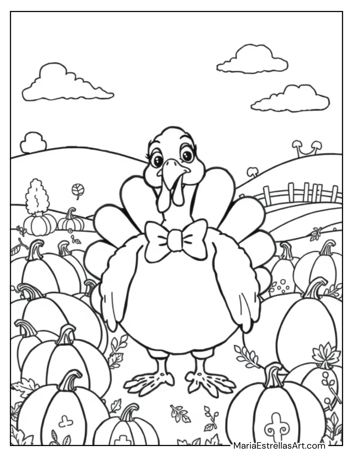 Turkey Wearing a Bowtie Standing in a Pumpkin Patch