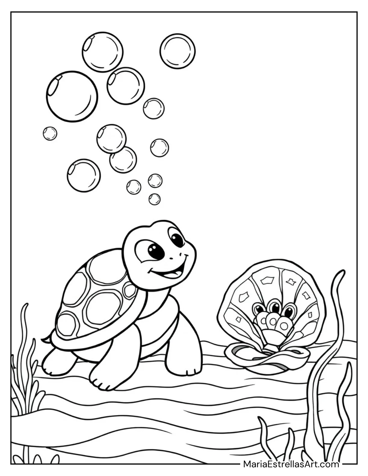 Turtle Blowing Bubbles Near a Clam Shell