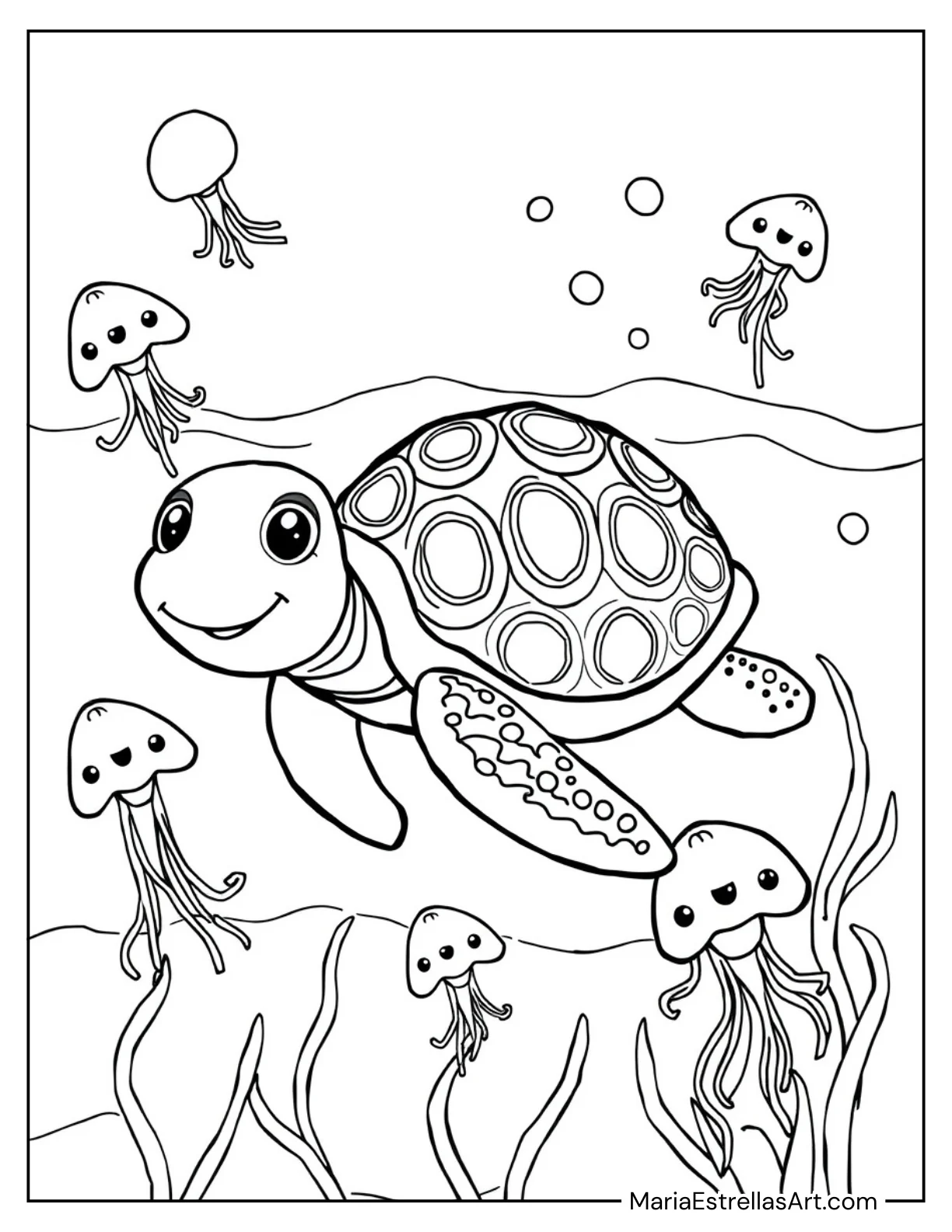 Turtle Playing with Jellyfish in the Sea Coloring Page