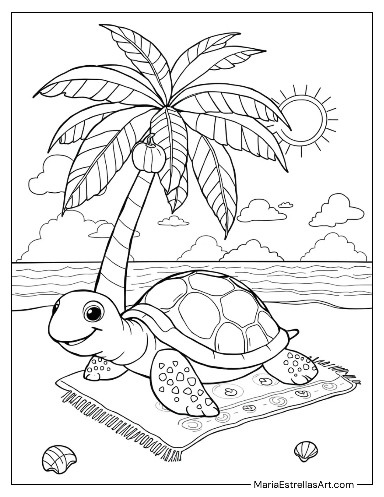 Turtle Relaxing Under a Palm Tree Coloring Page