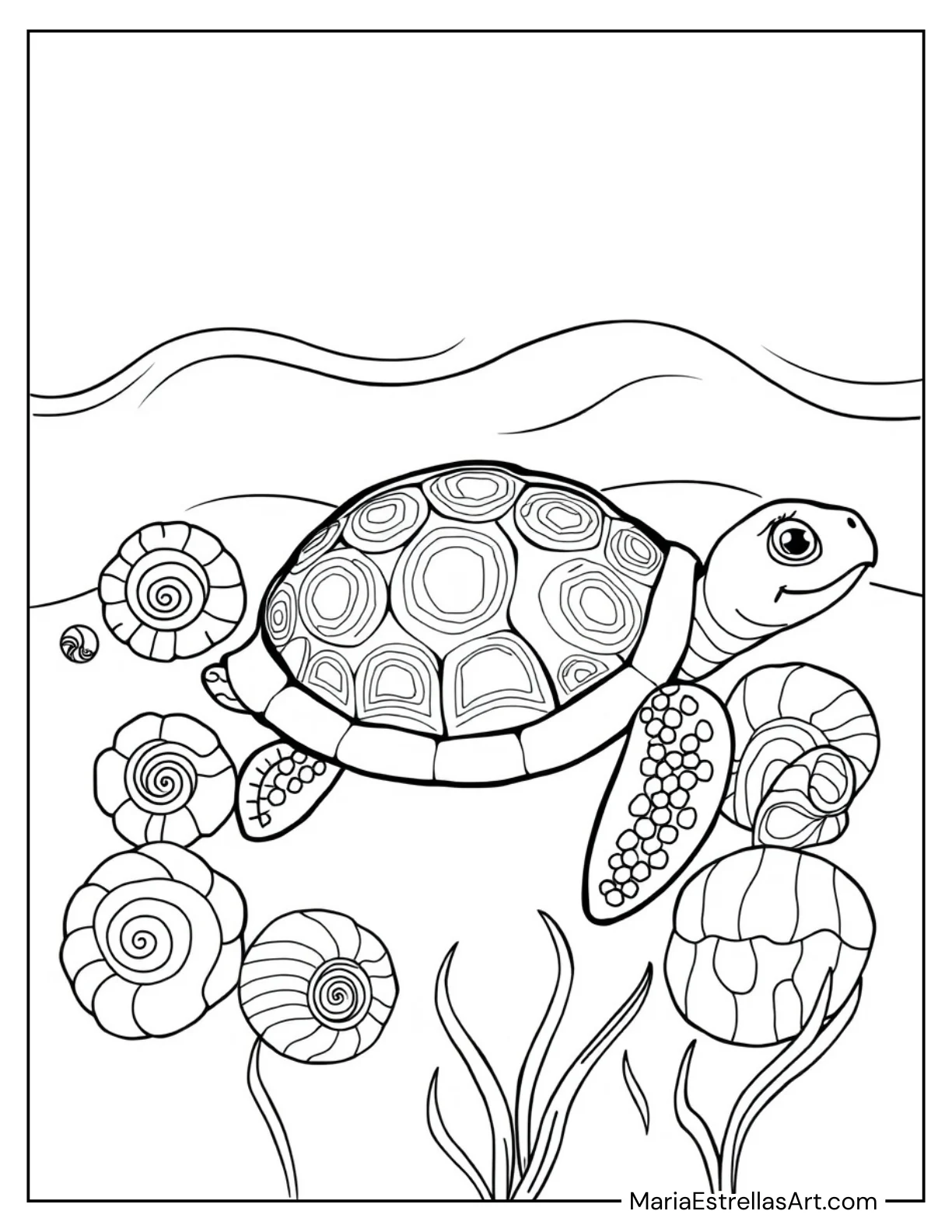 Turtle Surrounded by Seashells Coloring Sheet