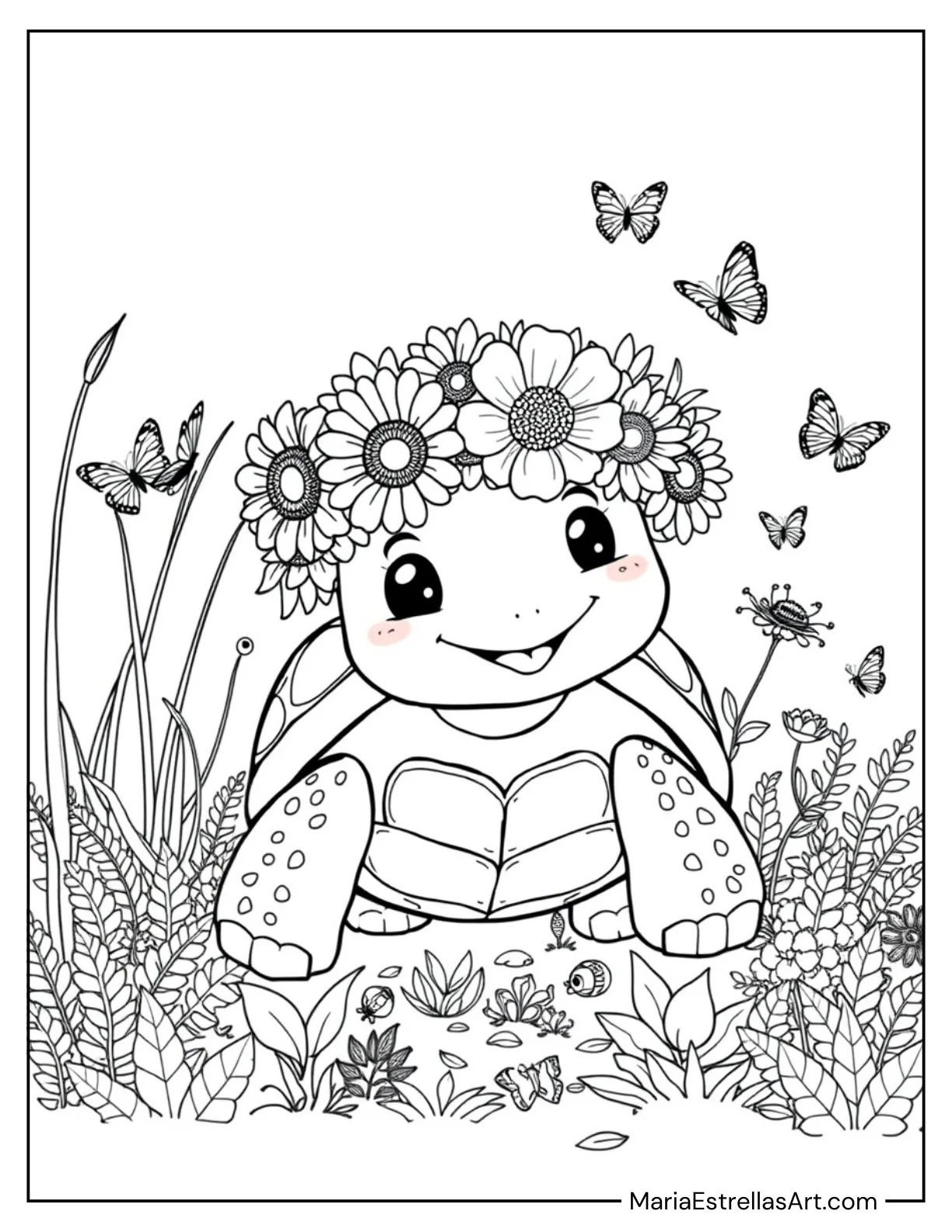 Turtle with a Flower Crown for Kids to Color