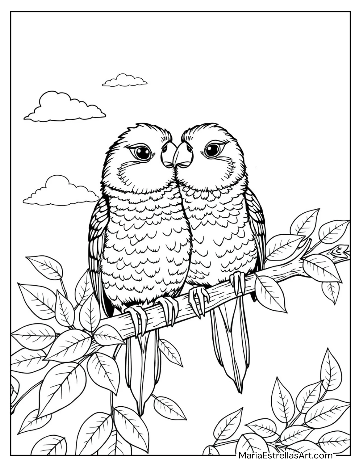 Two Lovebirds Sitting on a Branch Coloring Page