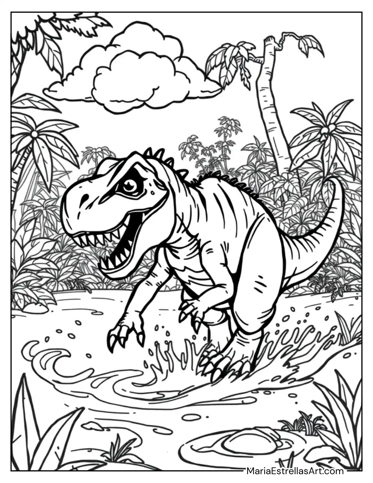 Tyrannosaurus Rex Charging Through Mud for Kids to Color