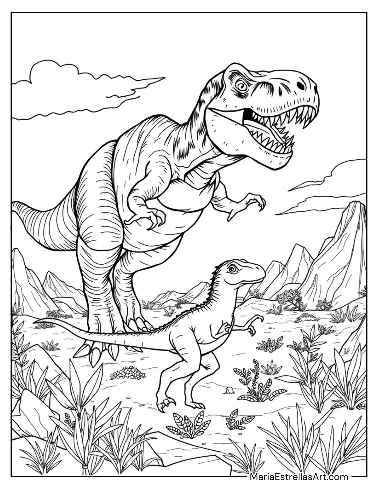 Tyrannosaurus Rex Chasing Prey Coloring Page